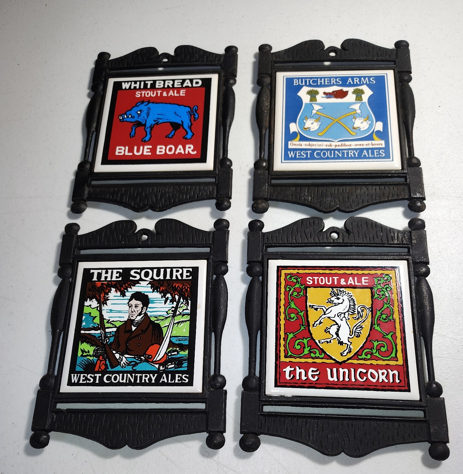 SET of 4 ~ Vintage Stout & Ale ~ Tavern Cast Iron & Ceramic Trivet 