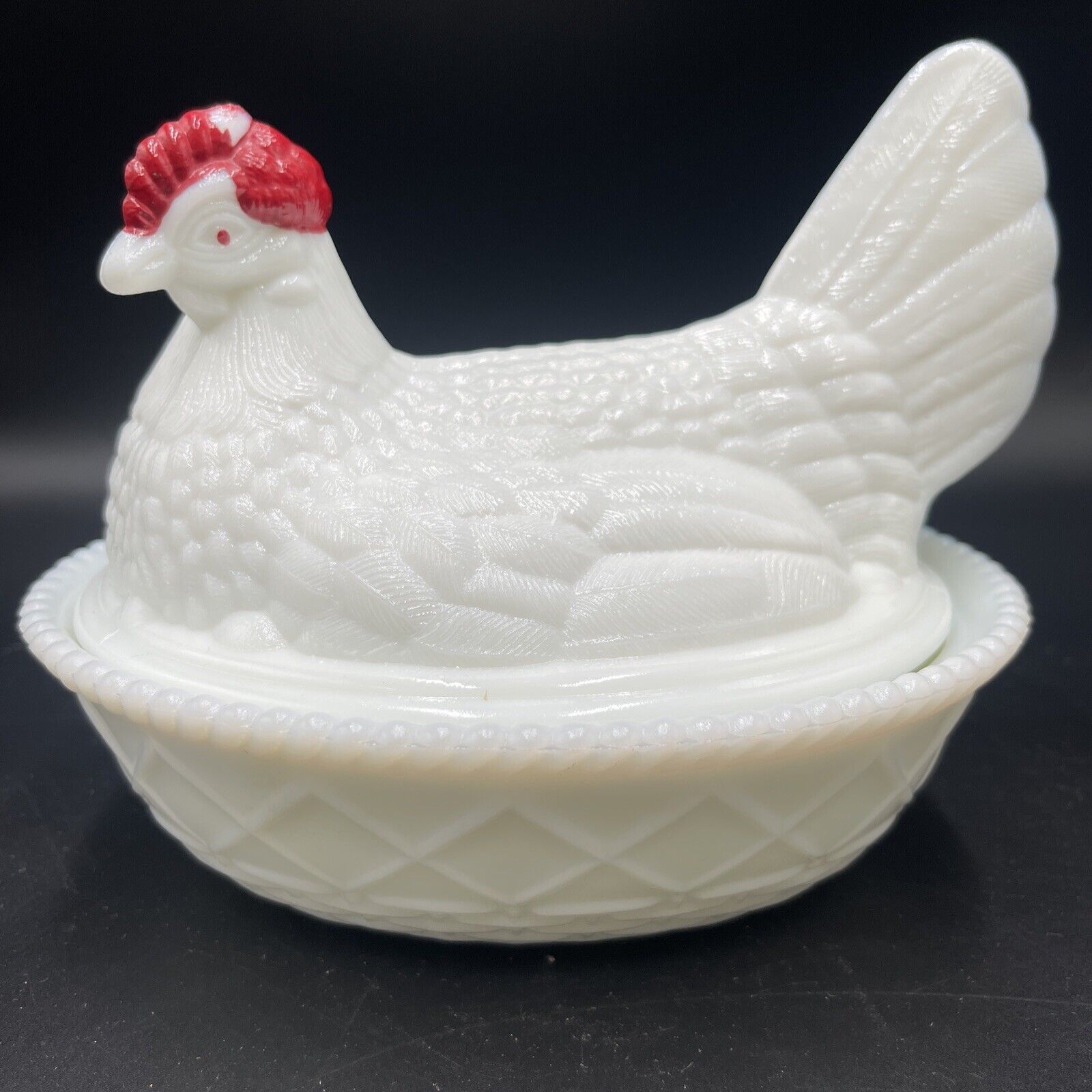 Vintage Westmoreland Milk Glass Hen on Nest Chicken on Basket Dish with Red Comb