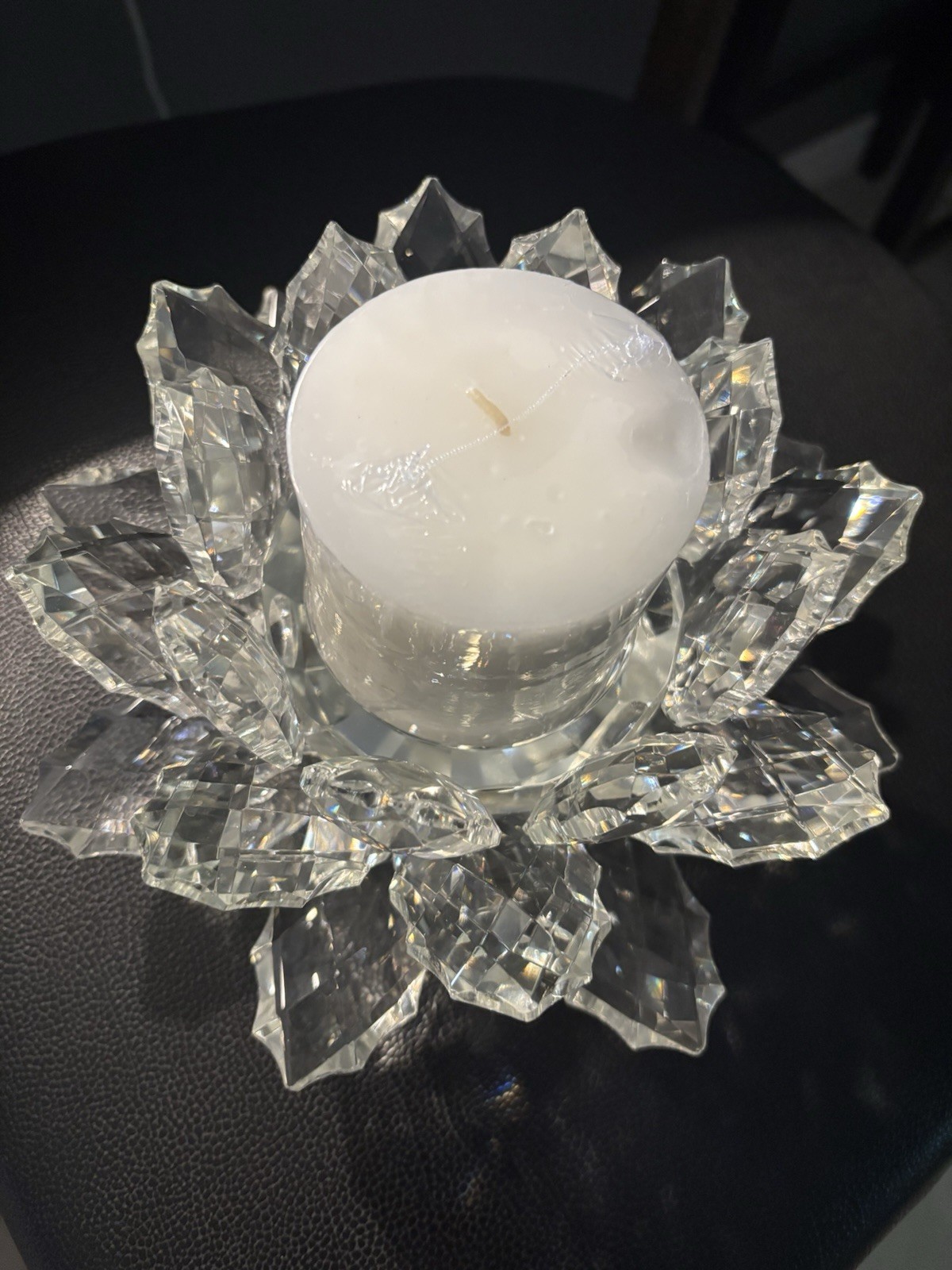 Shannon Crystal large Pillar Candle Holder Heavy Lotus Flower Design -New in Box