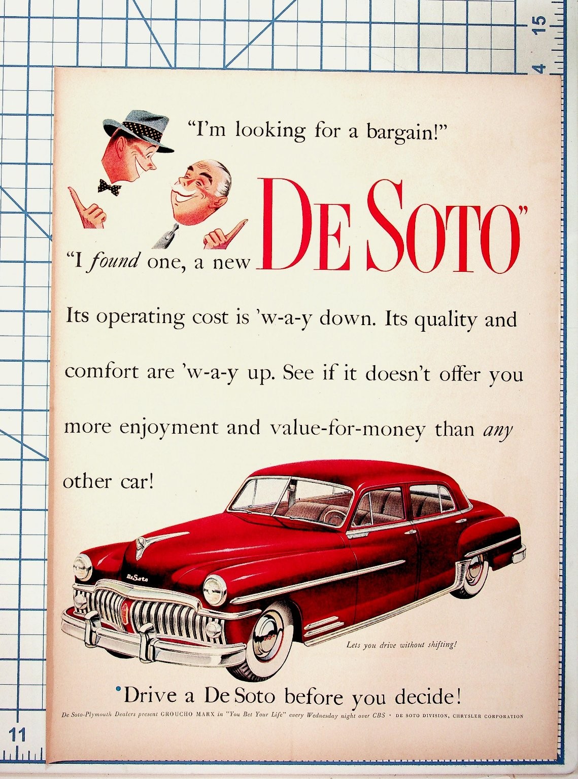 1940s De Soto Car Ad Vintage Print Groucho Marx You Bet Your Life CBS