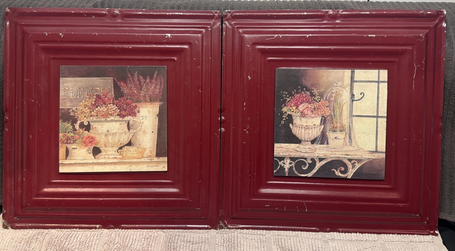 2 Vintage Kathryn White Ceiling Tin 12” x 12” Magnetic Art On Red Painted Metal 2 Vintage Kathryn White Ceiling Tin 12” x 12” Magnetic Art On Red Painted Metal