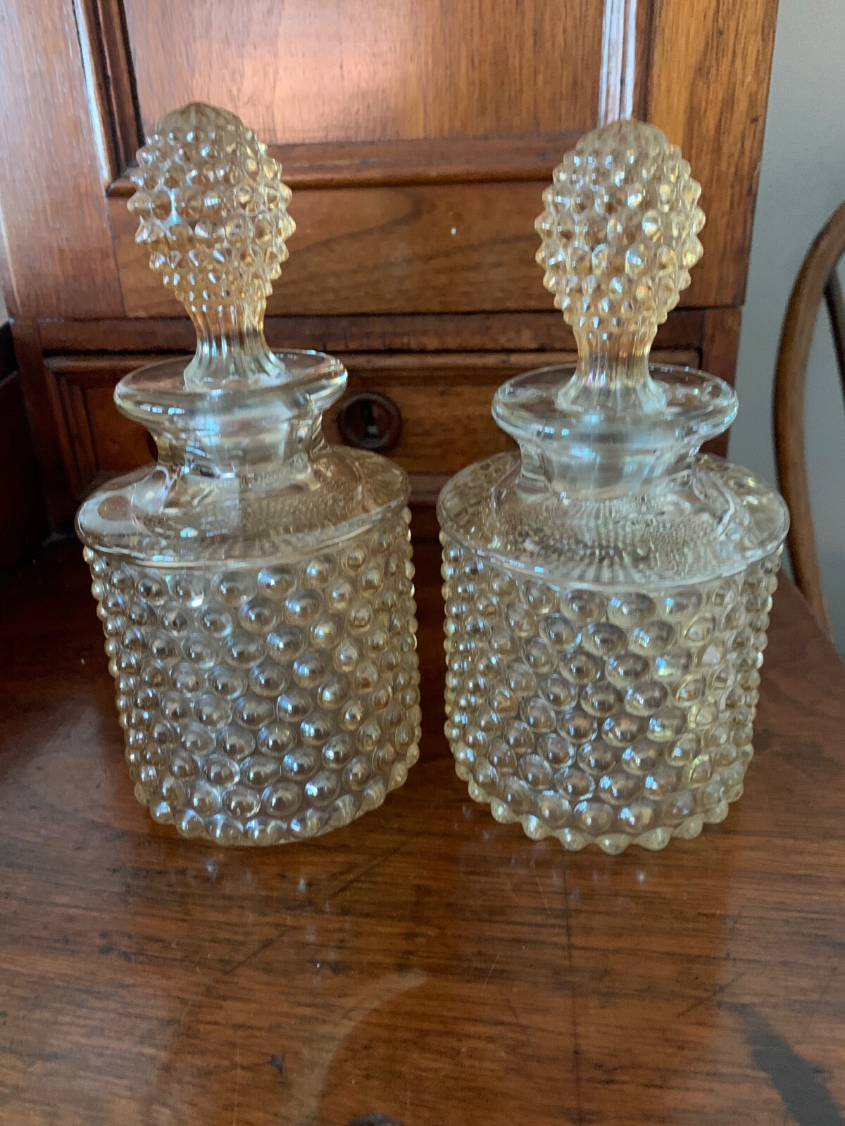 Vintage Pair Duncan Miller Hobnail Amber Glass Perfume Bottles 1930\'s 