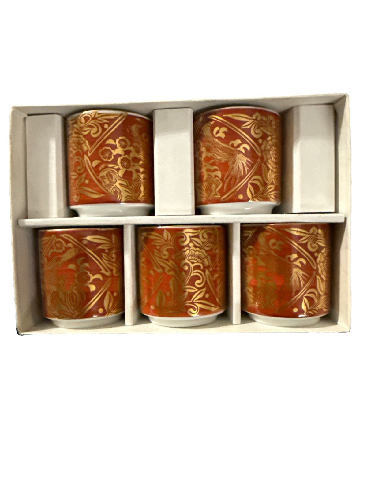 Kutani Ware Red Phoenix Gold Brocade Set of 5 Small Sake Cups with Box EUC