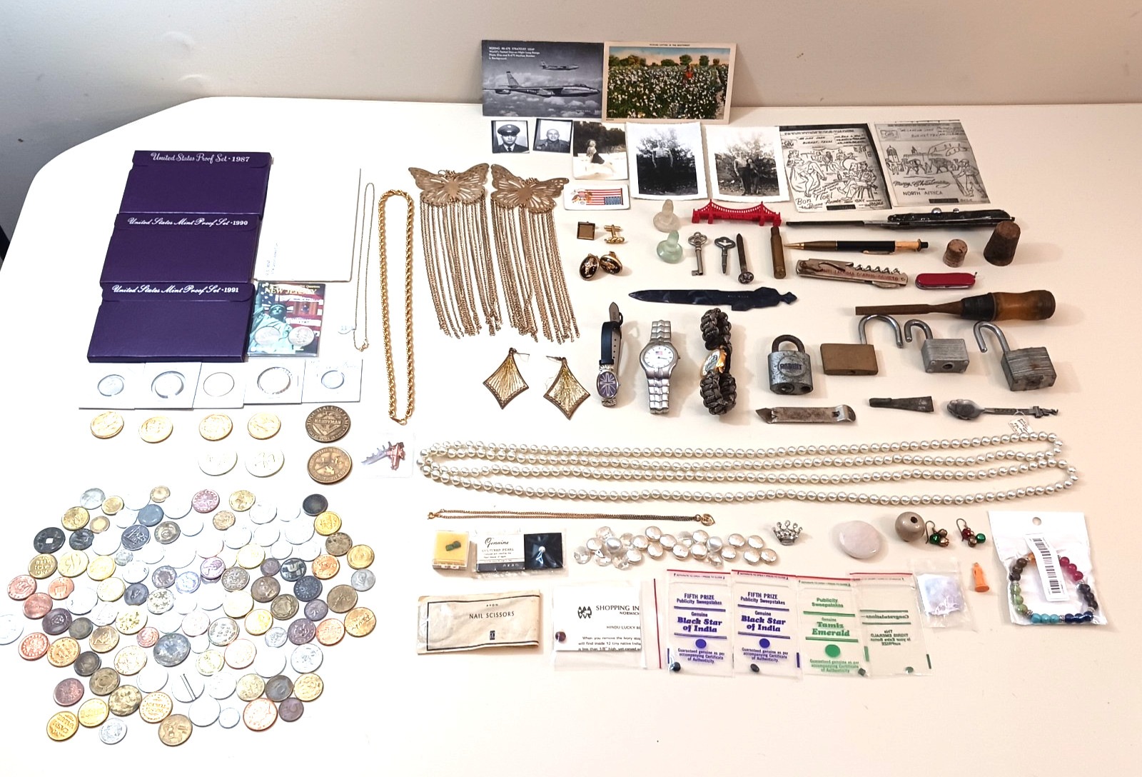 Vintage Estate Junk Drawer Fashion Jewelry Lot US Mint Proof Coins Tokens Tool