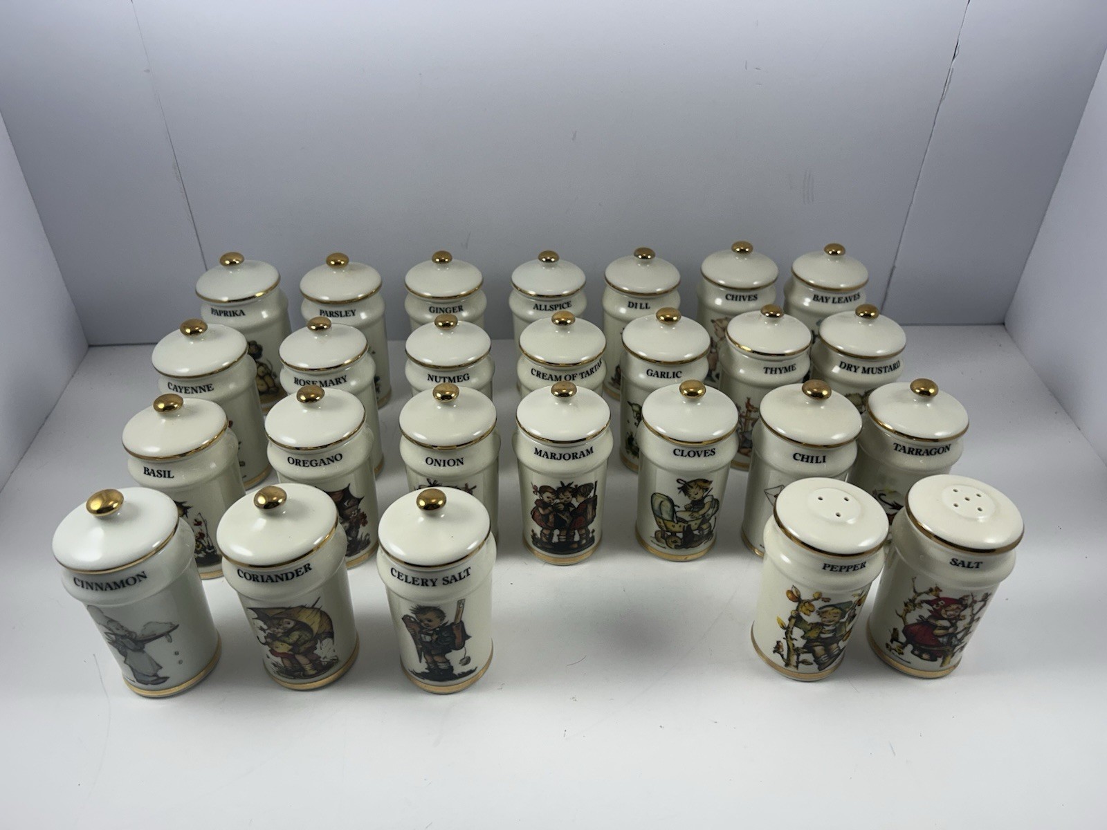 Vtg MJ Hummel Danbury Mint 1987 Spice Jars Complete 24pc Set + Salt & Pepper Vtg MJ Hummel Danbury Mint 1987 Spice Jars Complete 24pc Set + Salt & Pepper