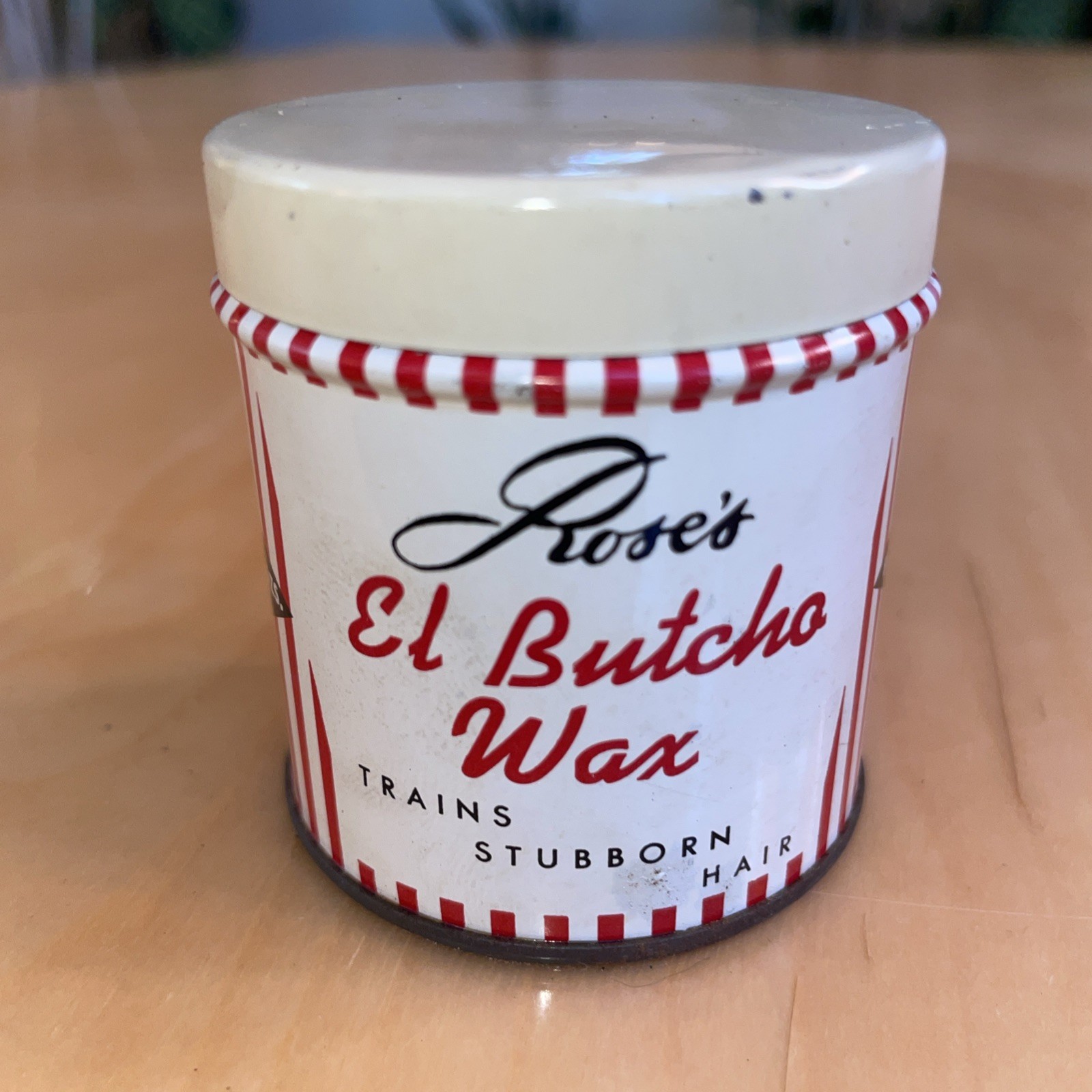 Rare Rose's El Butcho Hair Wax (Butch) Waterloo, IOWA TIN MCM 3 Oz Red & White