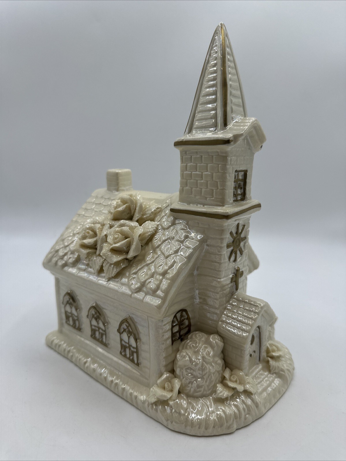 VIintage Christmas Porcelain Church Music Box White And Gold 10 Inches Tall
