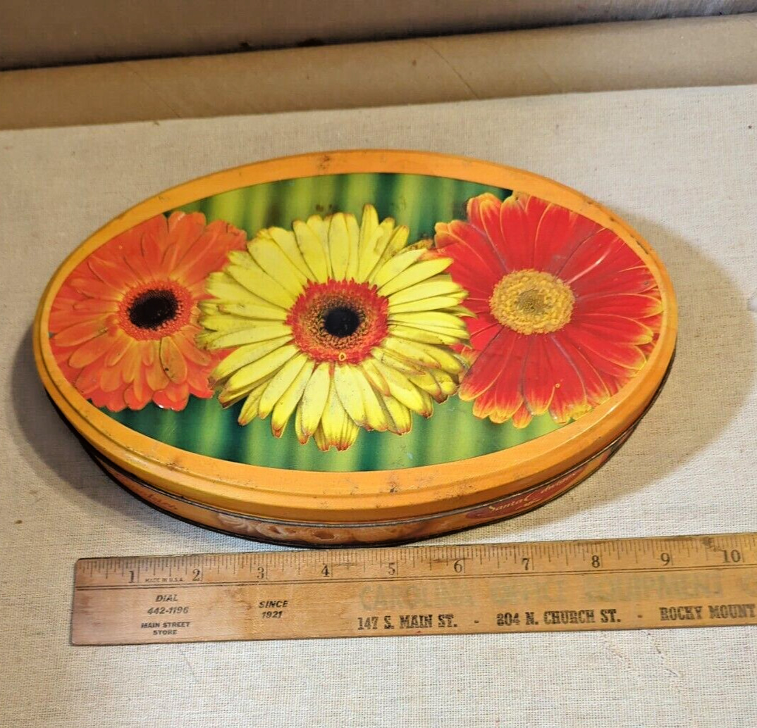 Vintage Santa Edwiges Tin Sunflower Container Butter cookies Rustic Brazil Fall