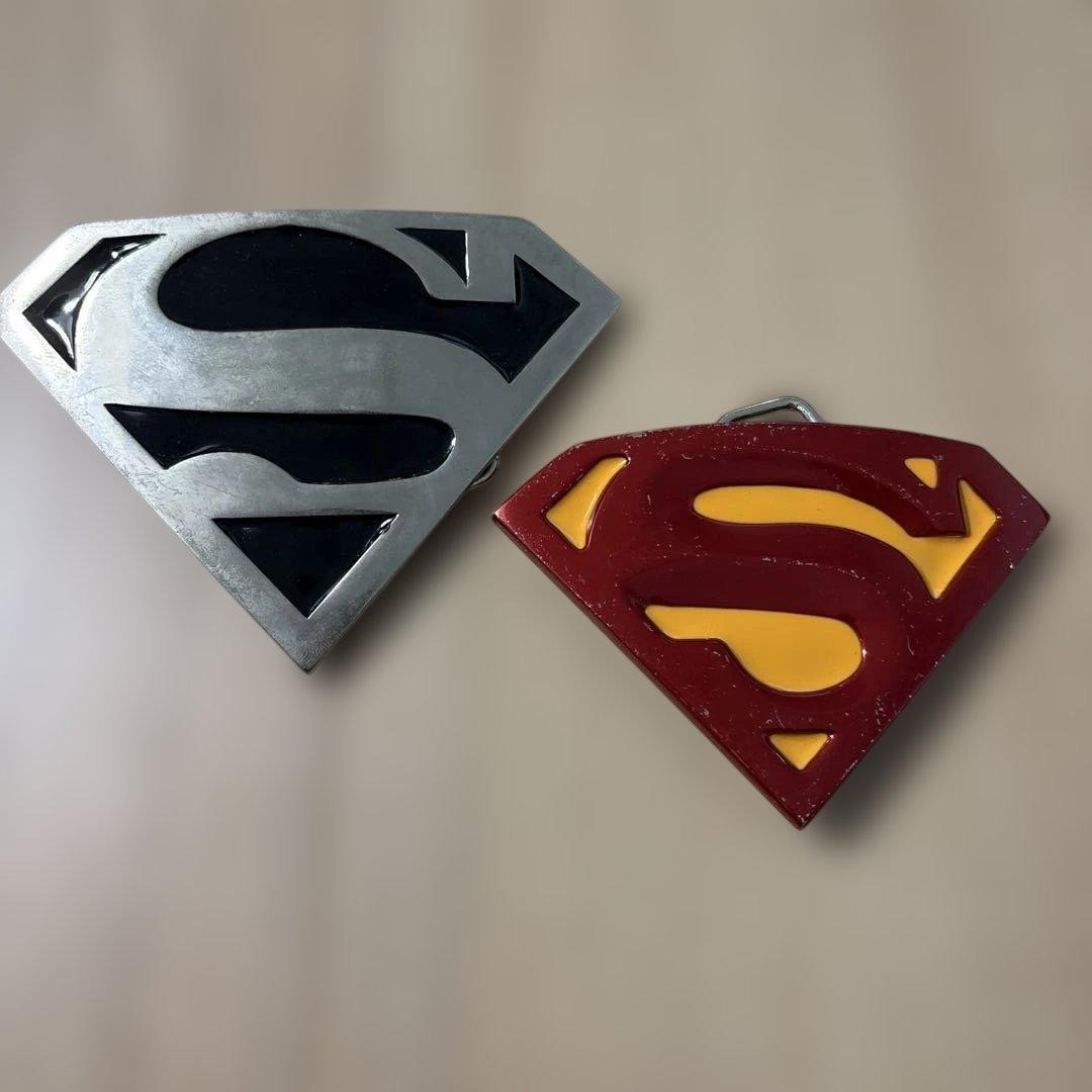 Superman Belt Buckle Set of 2 Silver Black Red Yellow Iconic S Logo Used