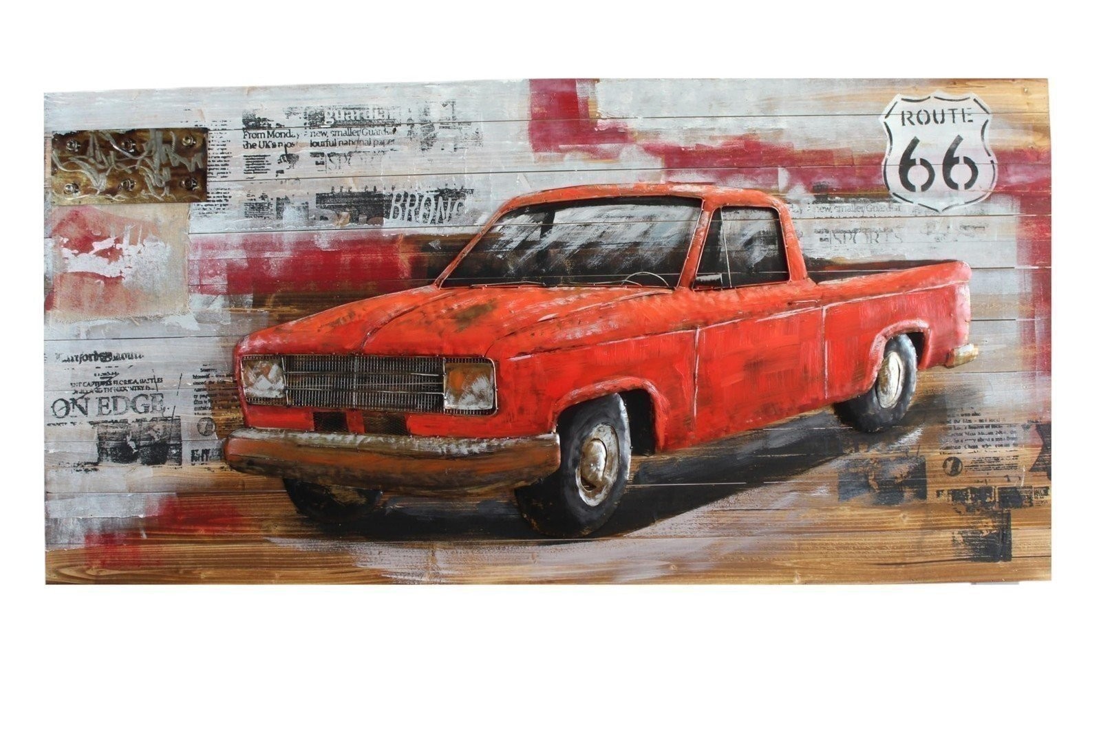 Vintage Red Pickup Truck Painting on Wood with Raised Metal 79\