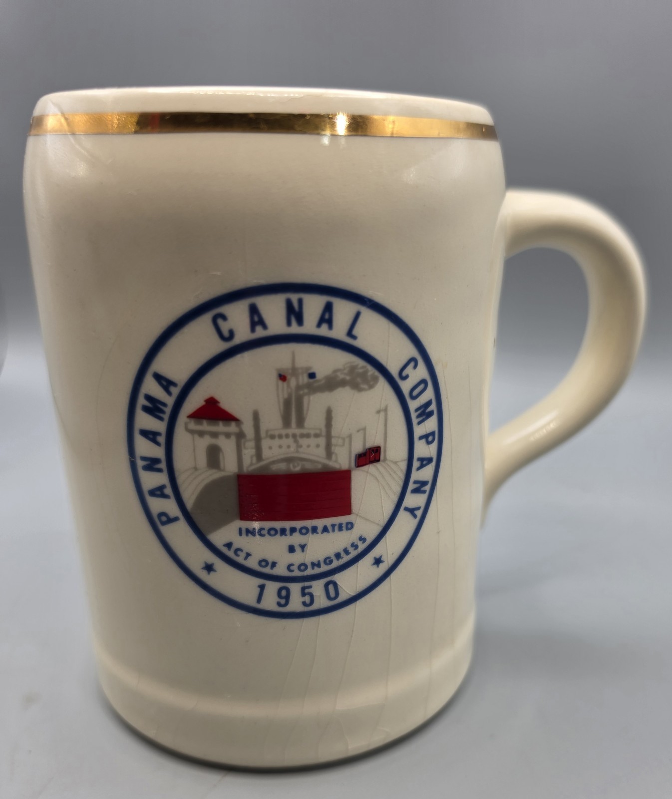 Panama Canal Company ALCO Ceramic Mug Act of Congress 1950 Seal Gold Trim