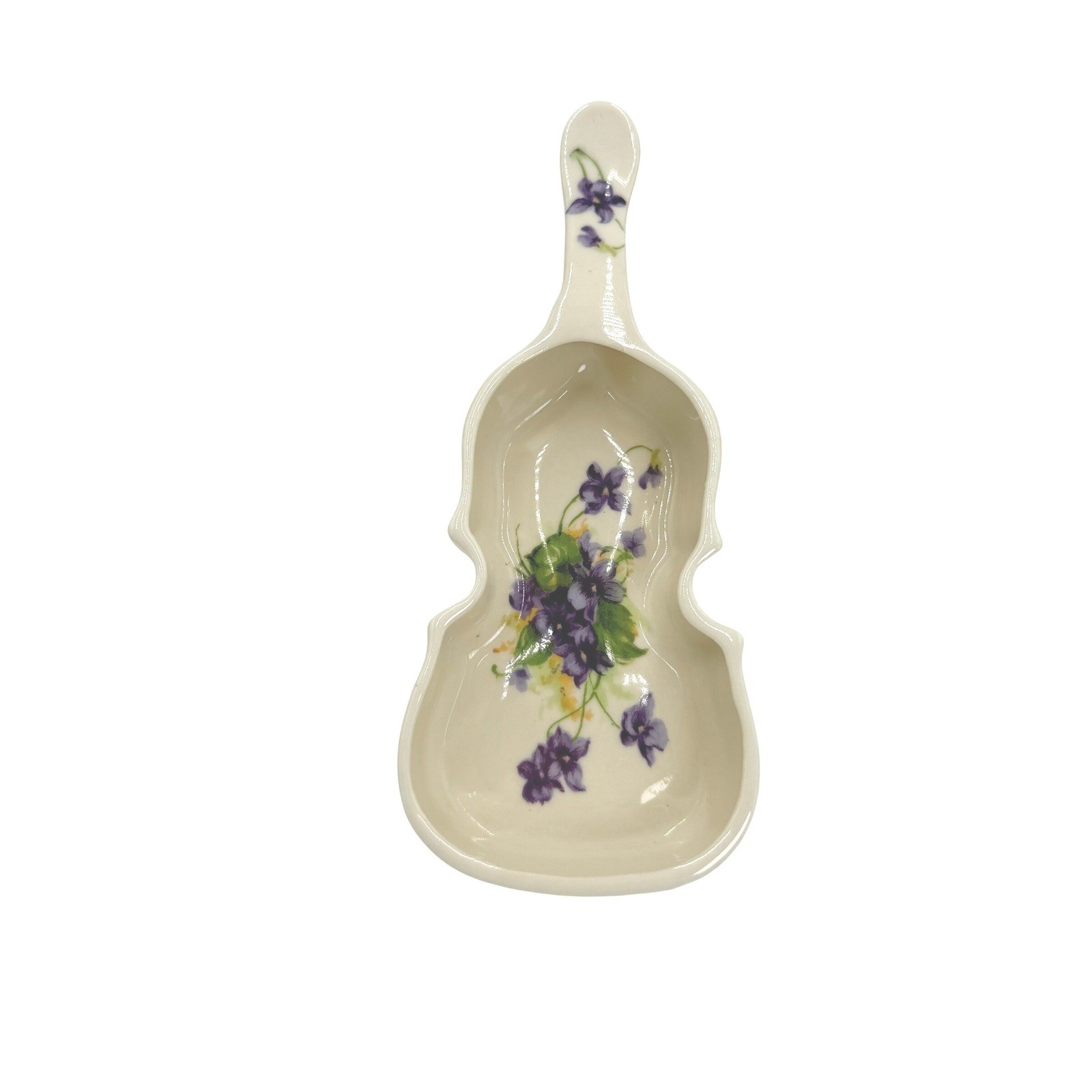 Leneige Vintage Ceramic Violin Shaped Trinket Dish Purple Violets Floral Cream