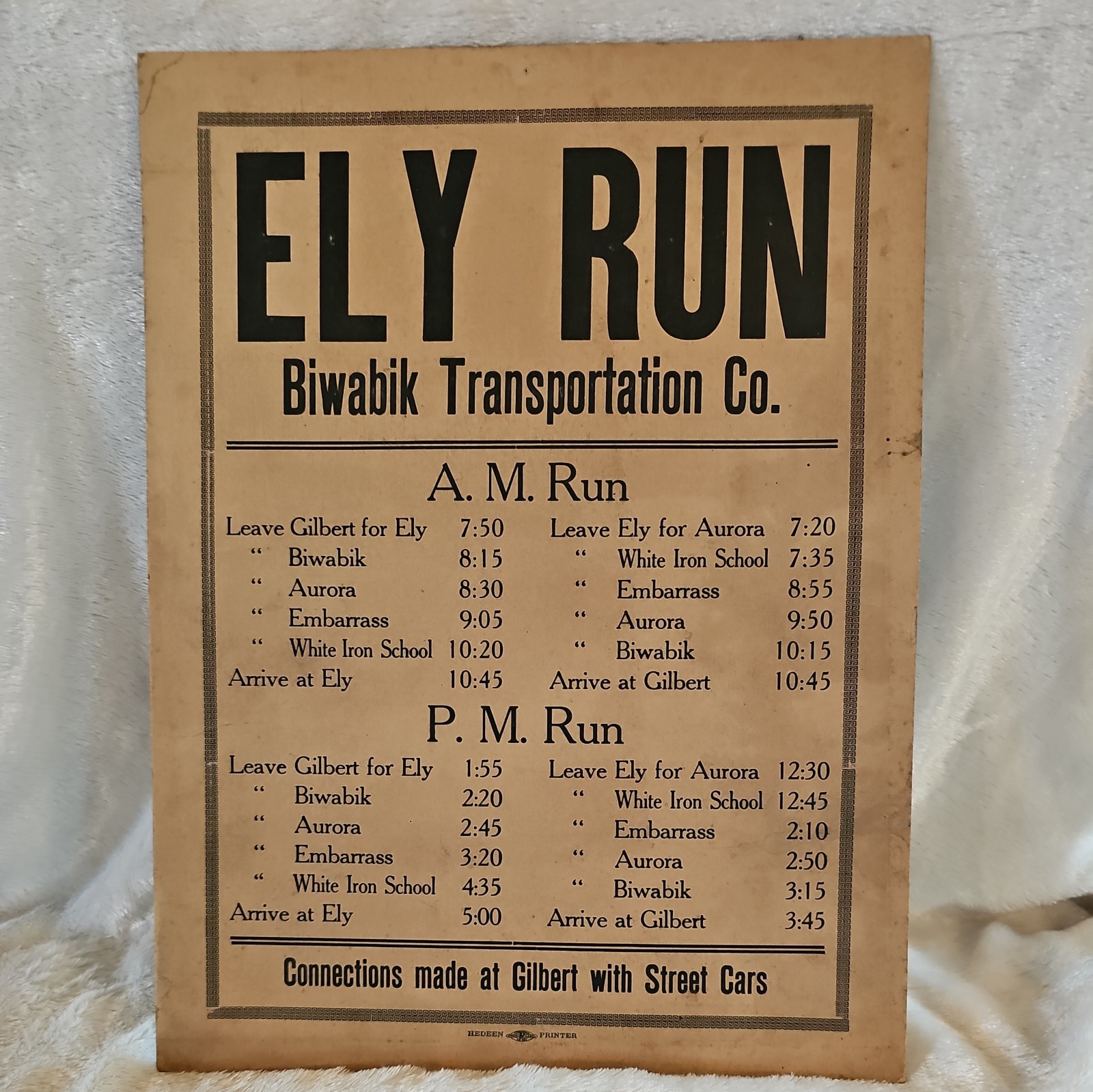 Vintage Ely-Gilbert MN Bus Schedule Poster Biwabik Transportation Co 1915-1924