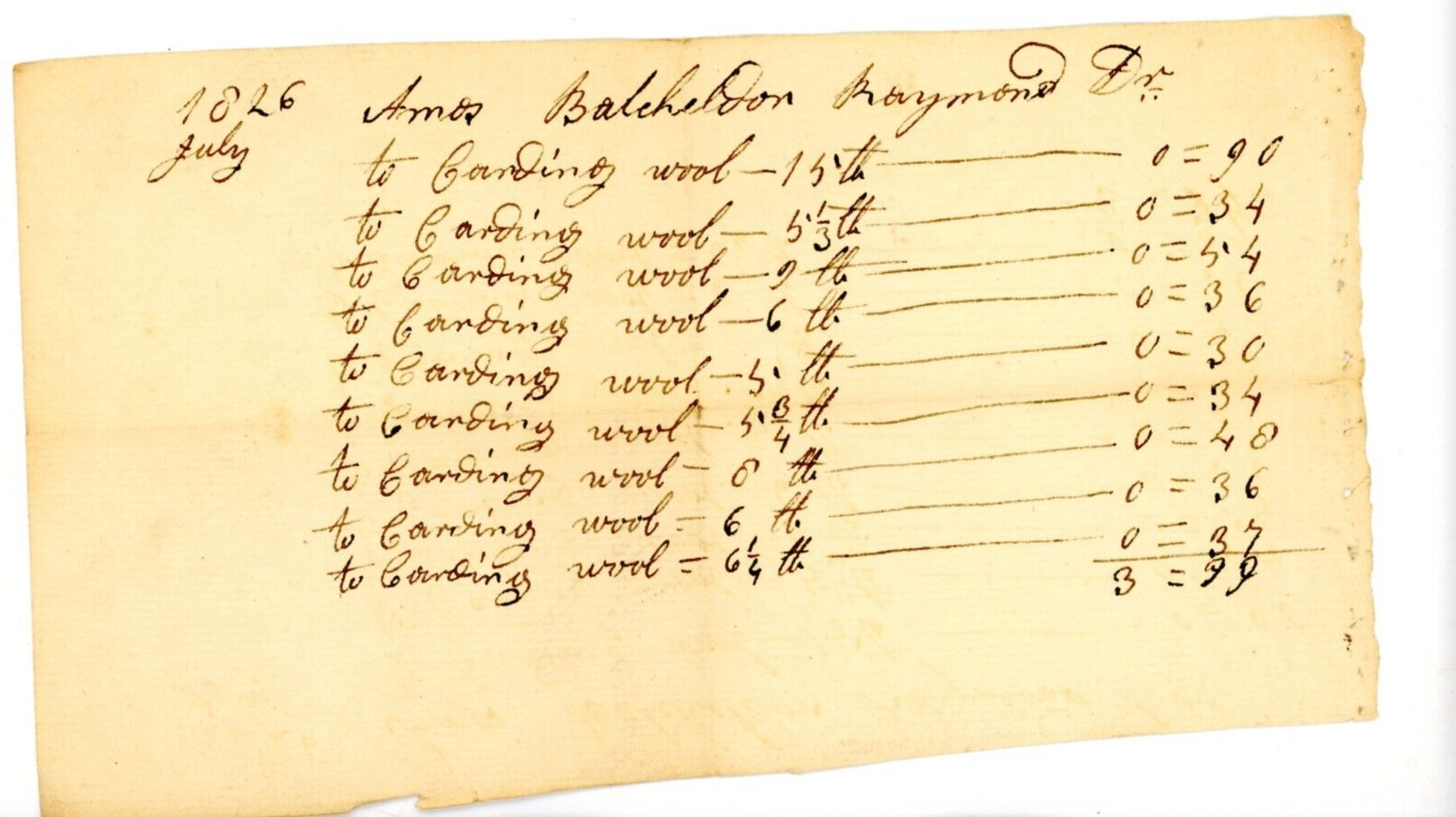 1826 Antique Handwritten Bill Amos Batcheldor Exeter NH Carding Wool