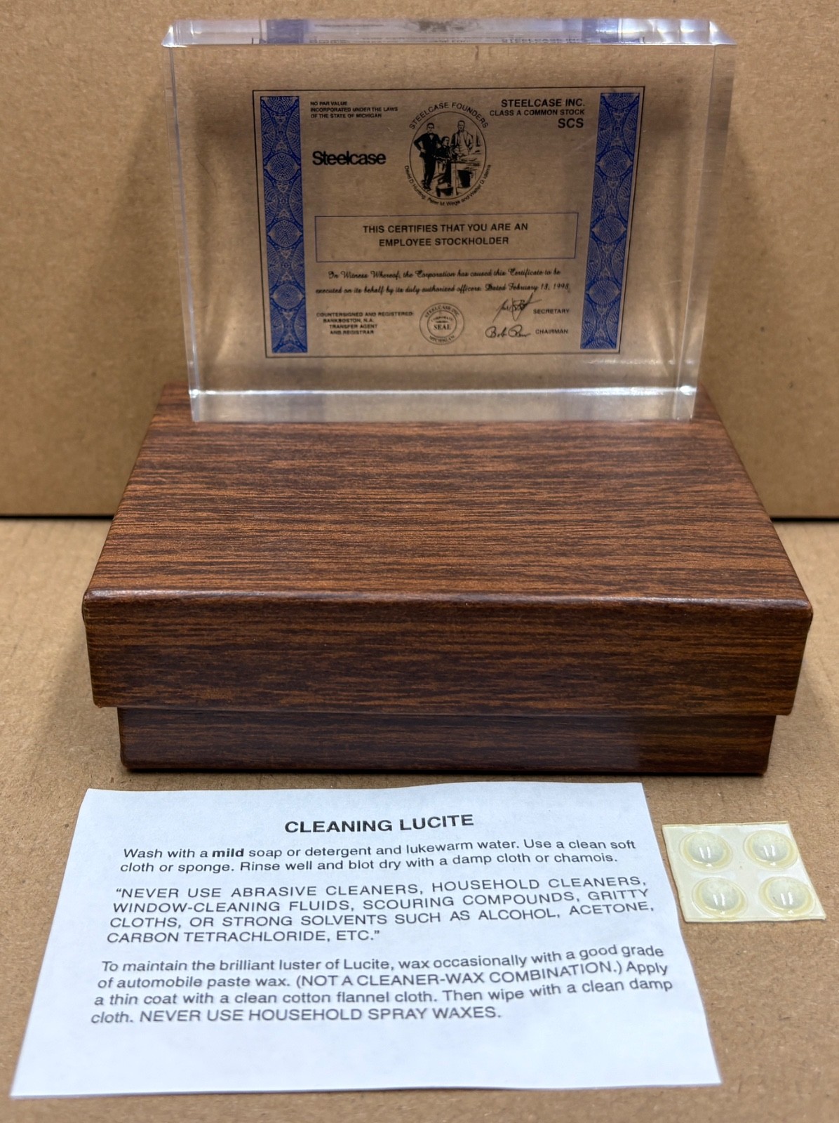 Rare Vintage Steelcase Employee Stockholder Certificate Lucite Paperweight 1998