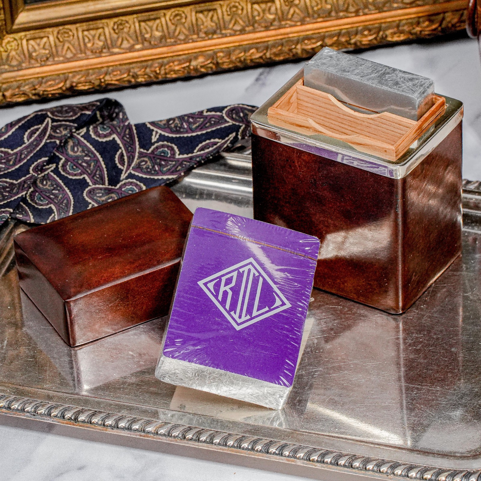 Refined Ralph Lauren Home Purple Label Wood Sterling Silver Box Playing Cards