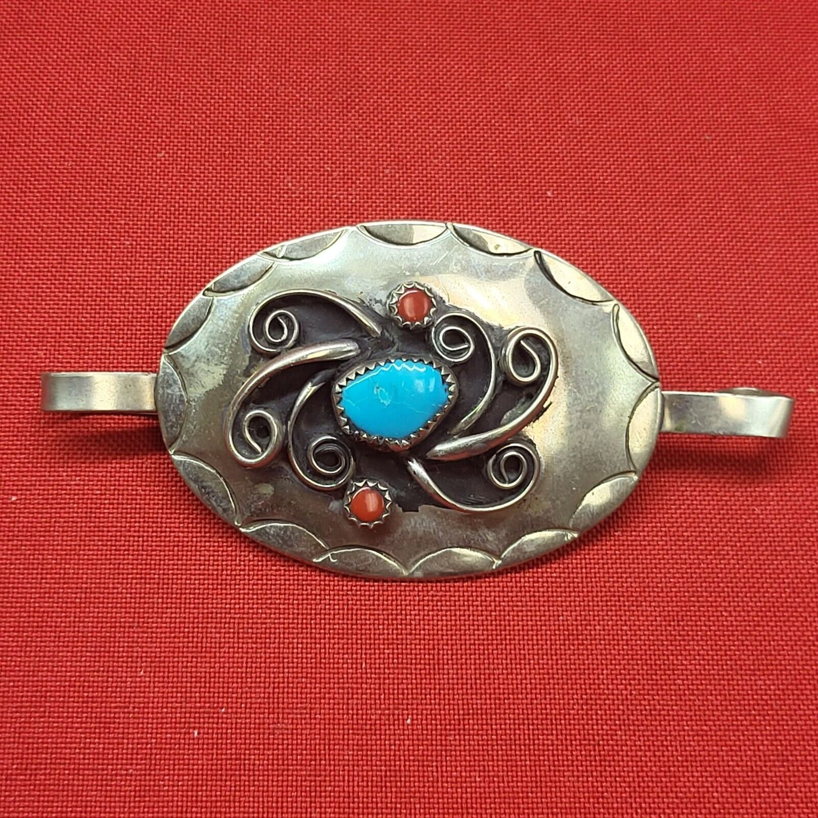 Native Southwestern Indian Turquoise Coral Belt Buckle Silver Tone Metal Concho