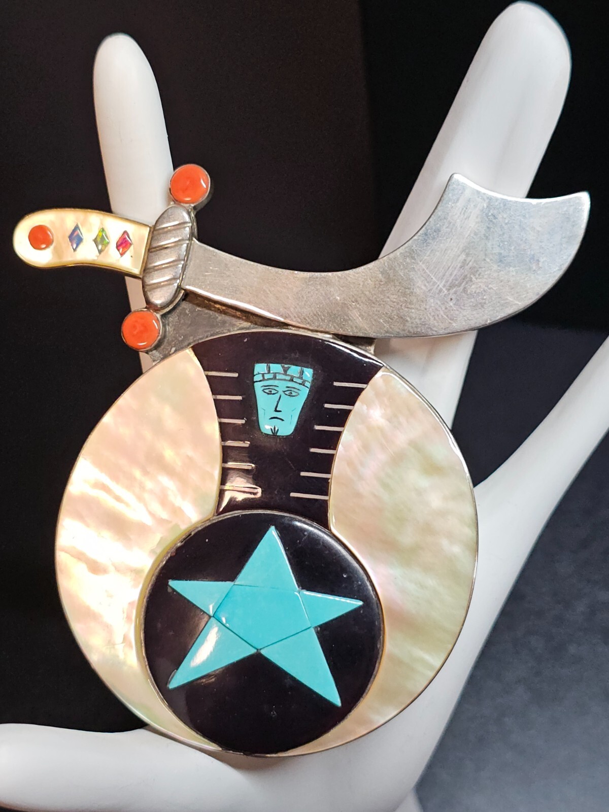 Large Vtg Sterling Silver Native Signed Bobby Concho Zuni Shriner Inlay Pendant Large Vtg Sterling Silver Native Signed Bobby Concho Zuni Shriner Inlay Pendant