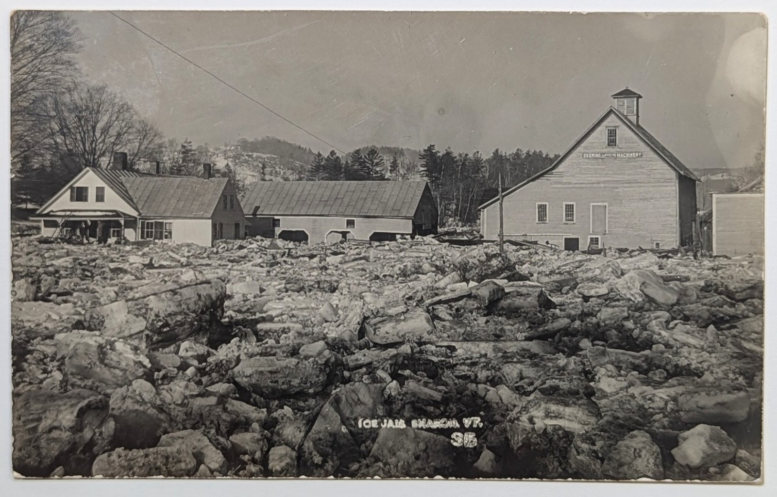 Vintage Sharon VT Ice Jam Disaster RPPC Postcard Deering Machinery Barn Cyko