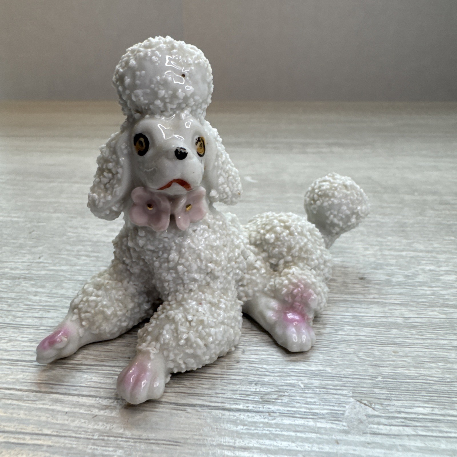 Vintage White Porcelain French Poodle Spaghetti Figurine W/Pink Flowers Japan 3\