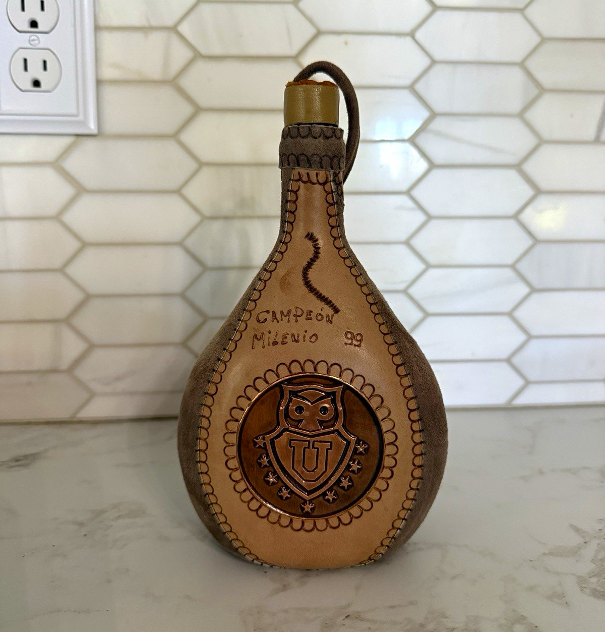 Vintage Brown Leather Covered Flask with Stopper, \