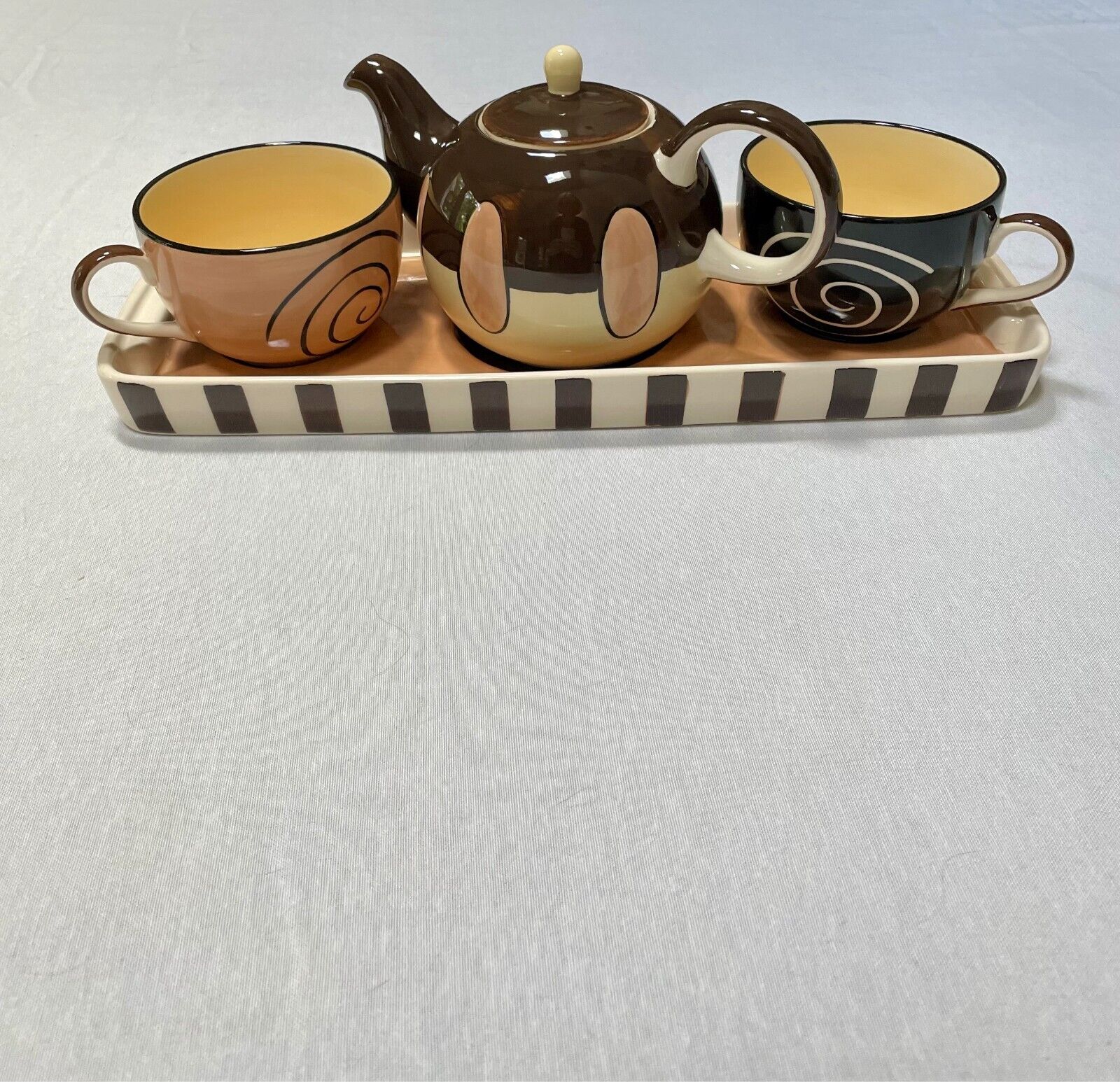 Vintage Hues \'n Brews Retro Abstract Tea Pot, Teacups, & Tray SET Brown and Tan