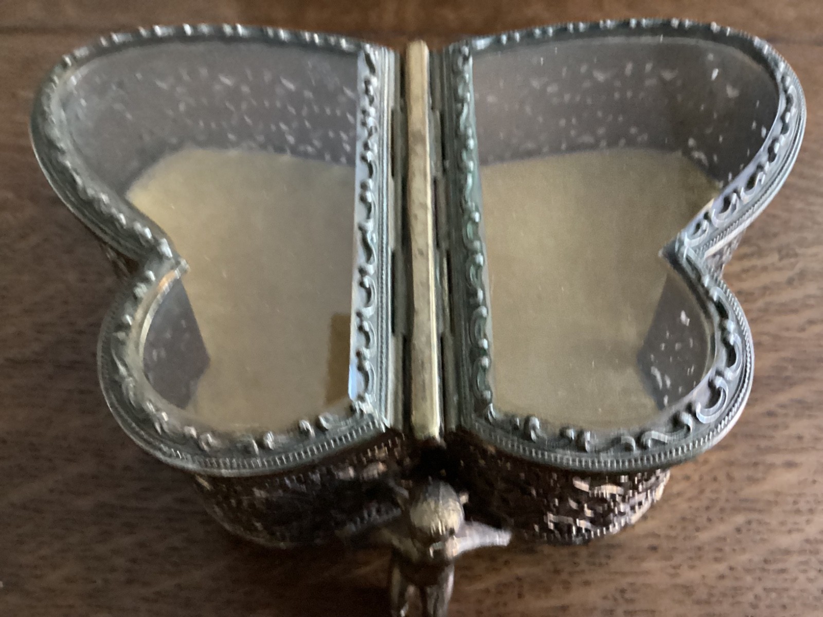 Rare Vintage Glass Butterfly & Brass Jewelry Ormulo Casket with Cupid Legs