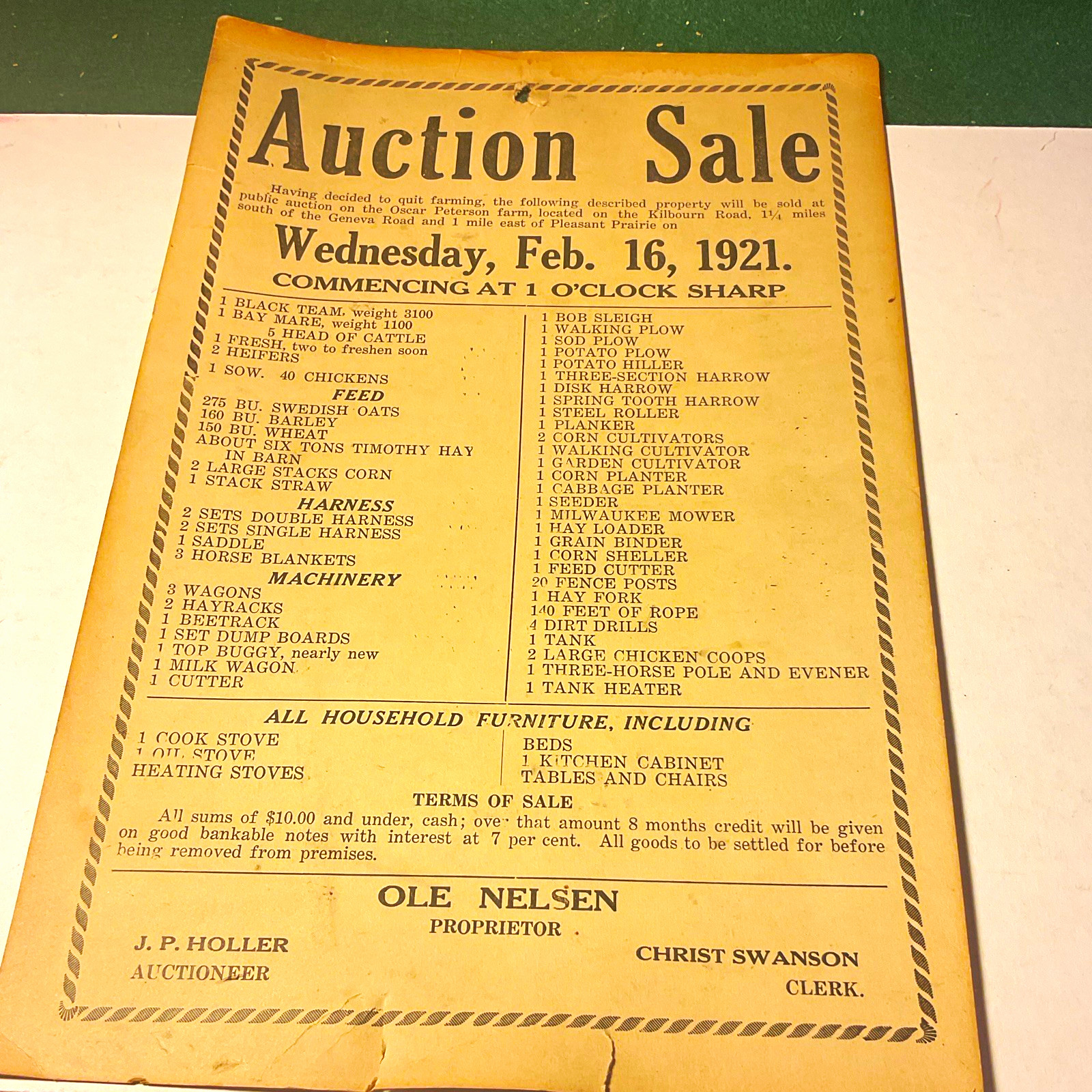 1921 Auction Sale Farm Dispersal Broadside Flyer Ole Nielsen Feb 16, 1921