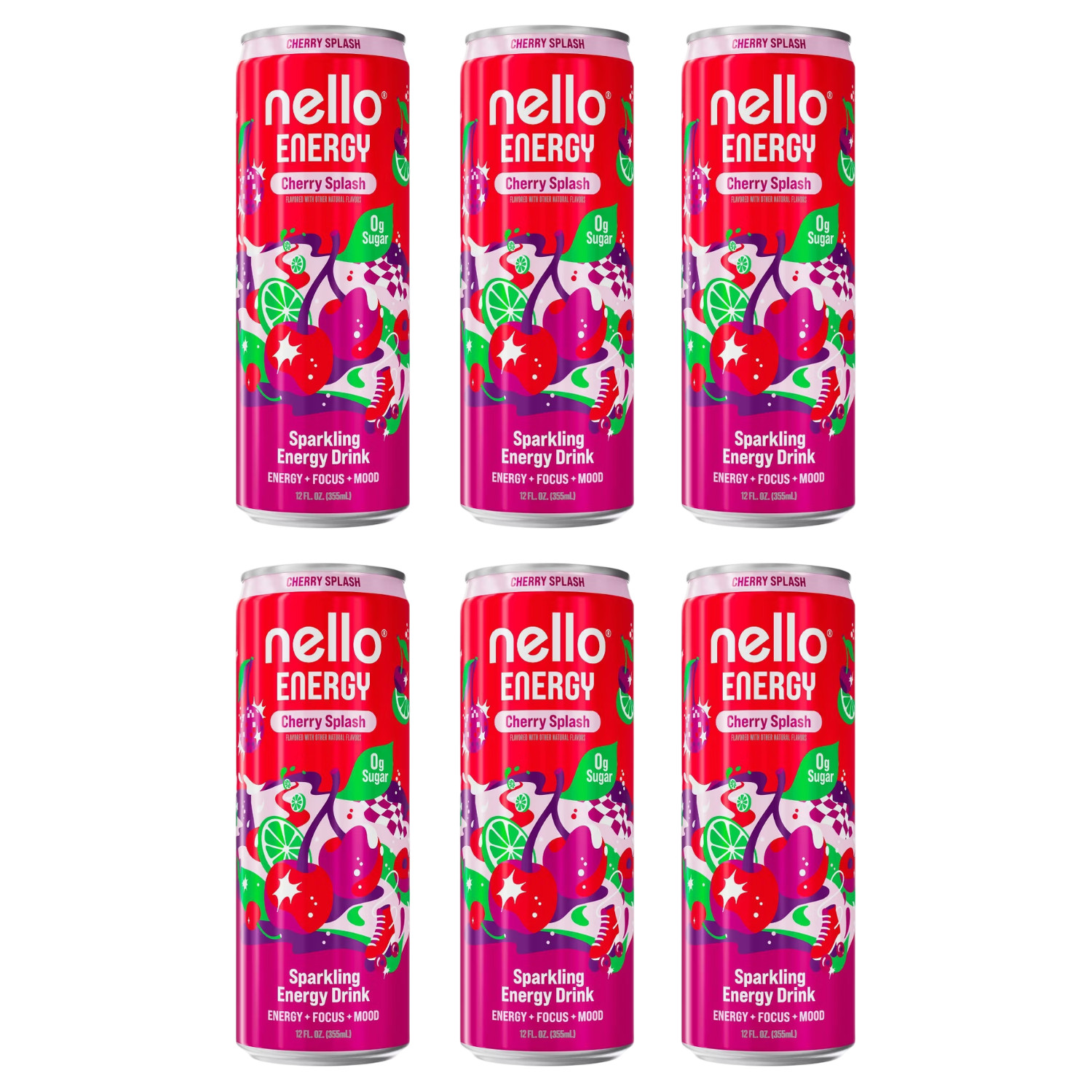Nello Energy Cherry Splash 12 fl oz 6 Pack Zero Sugar 150mg Caffeine Drink
