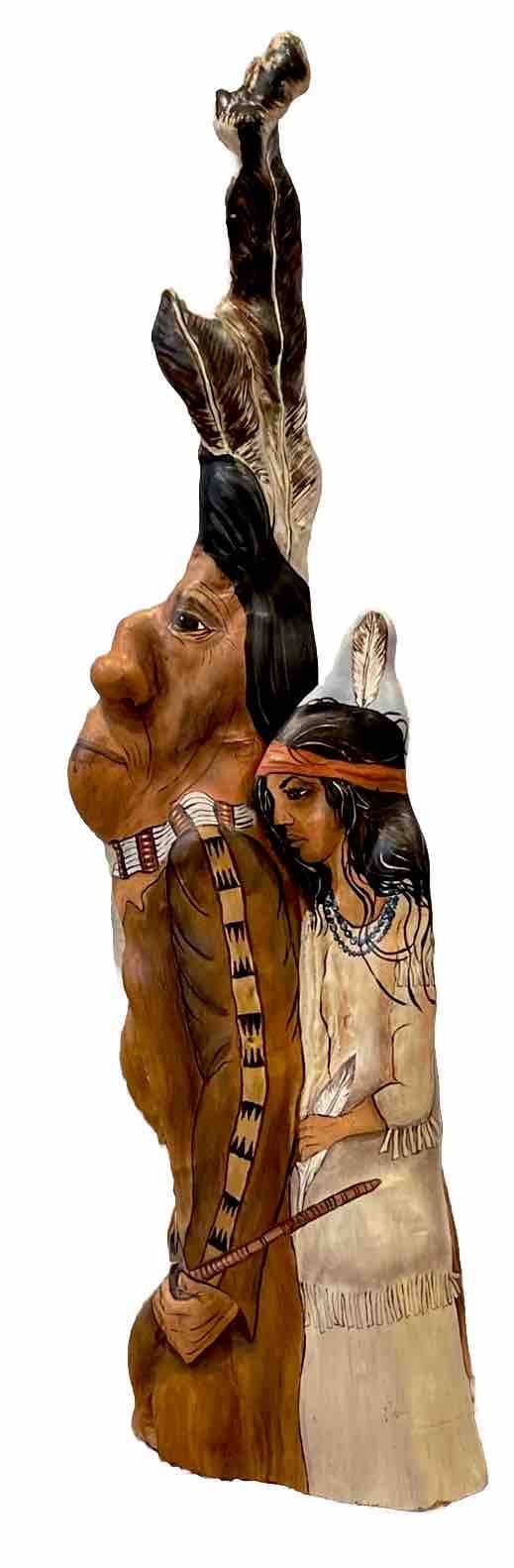 Native American Chief And Wife Statue, Hand Painted  Wood Artist Signed 21.5”