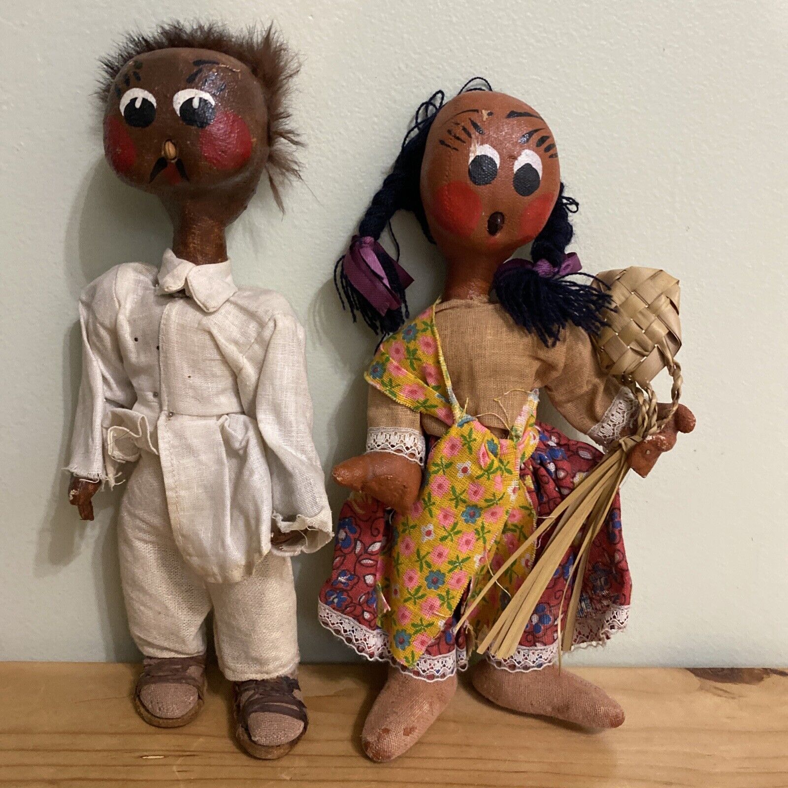 Vintage  Mexican Folk Art Oil  Cloth   Couple Dolls
