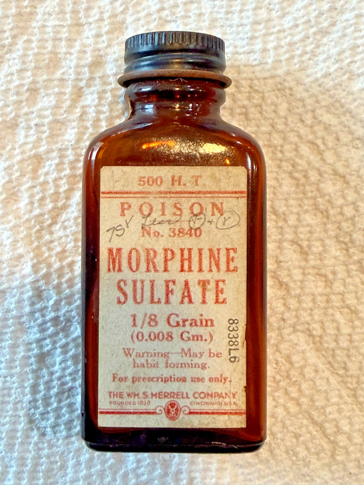 Vintage Poison Morphine Sulfate Glass Medicine Bottle From The WM S. Merrell Co. Vintage Poison Morphine Sulfate Glass Medicine Bottle From The WM S. Merrell Co.
