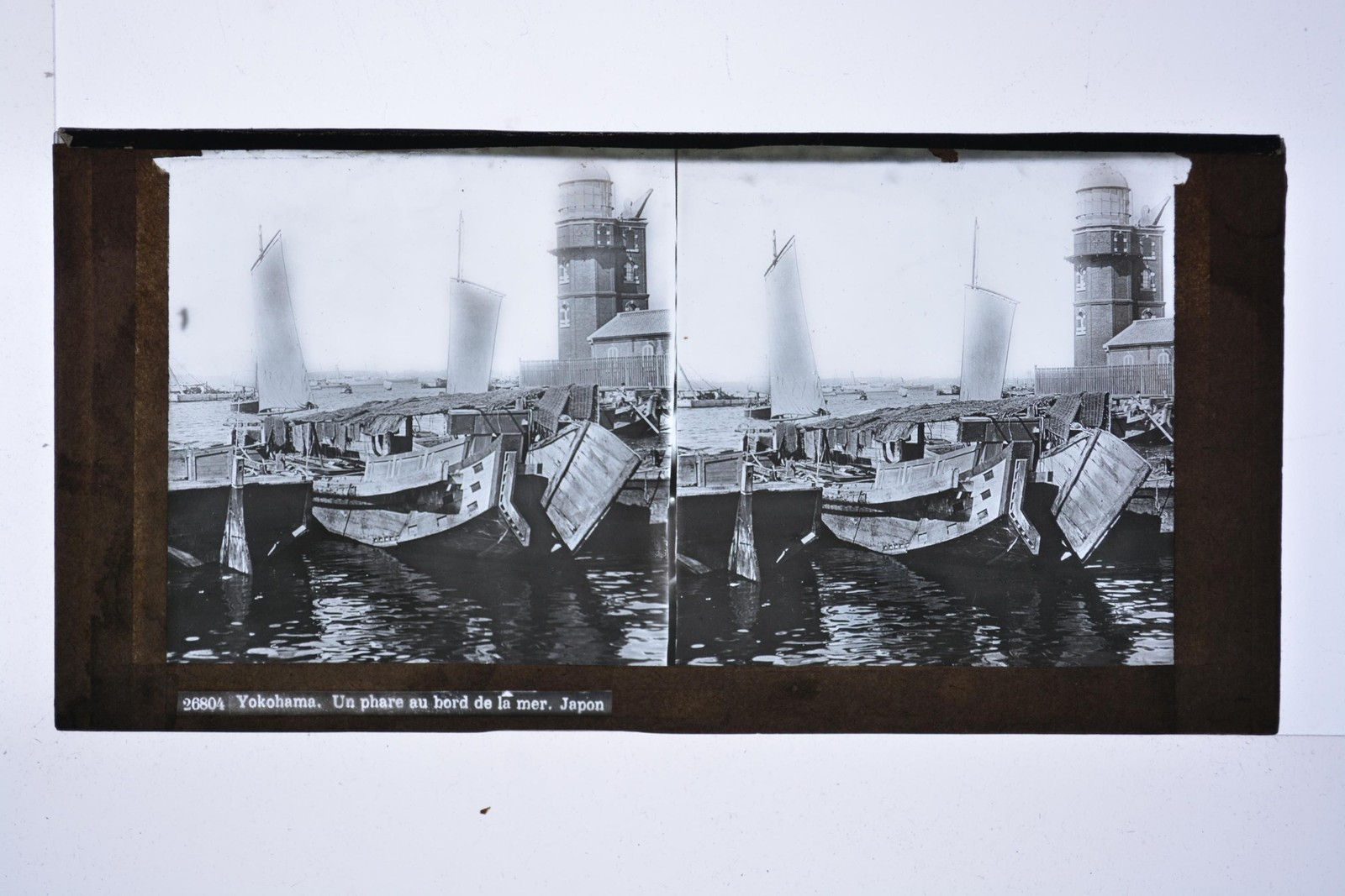 Yokohama Japan Lighthouse Harbour Wooden Boats Sails Glass 26804 Stereoview
