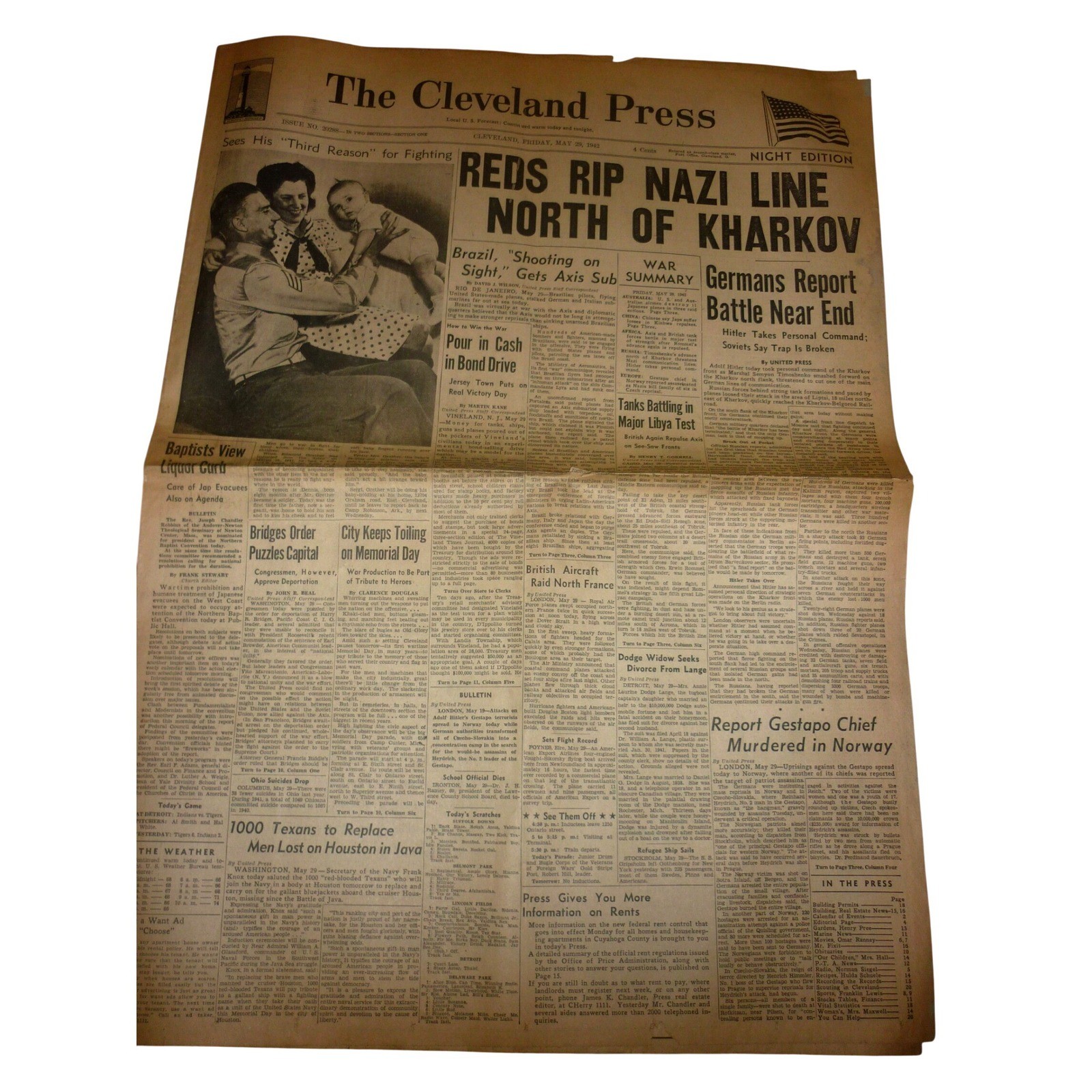 Vintage May 29 1942 Cleveland Press Newspaper WWII Kharkov Heydrich Houston Vintage May 29 1942 Cleveland Press Newspaper WWII Kharkov Heydrich Houston