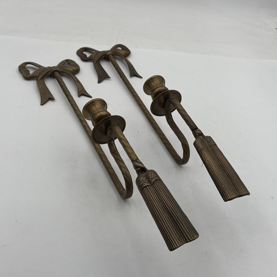 VTG Pair Brass Ribbon Bow Wall Sconce Candle Holders Taiwan 20\