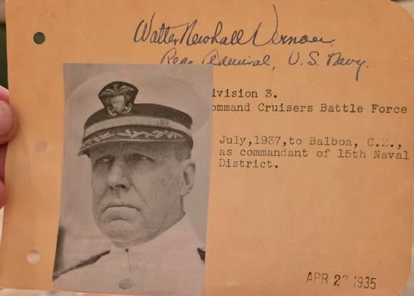 AUTOGRAPH -- WW I and II Admiral Walter Newhall Vernou -  Battleship Div. 2