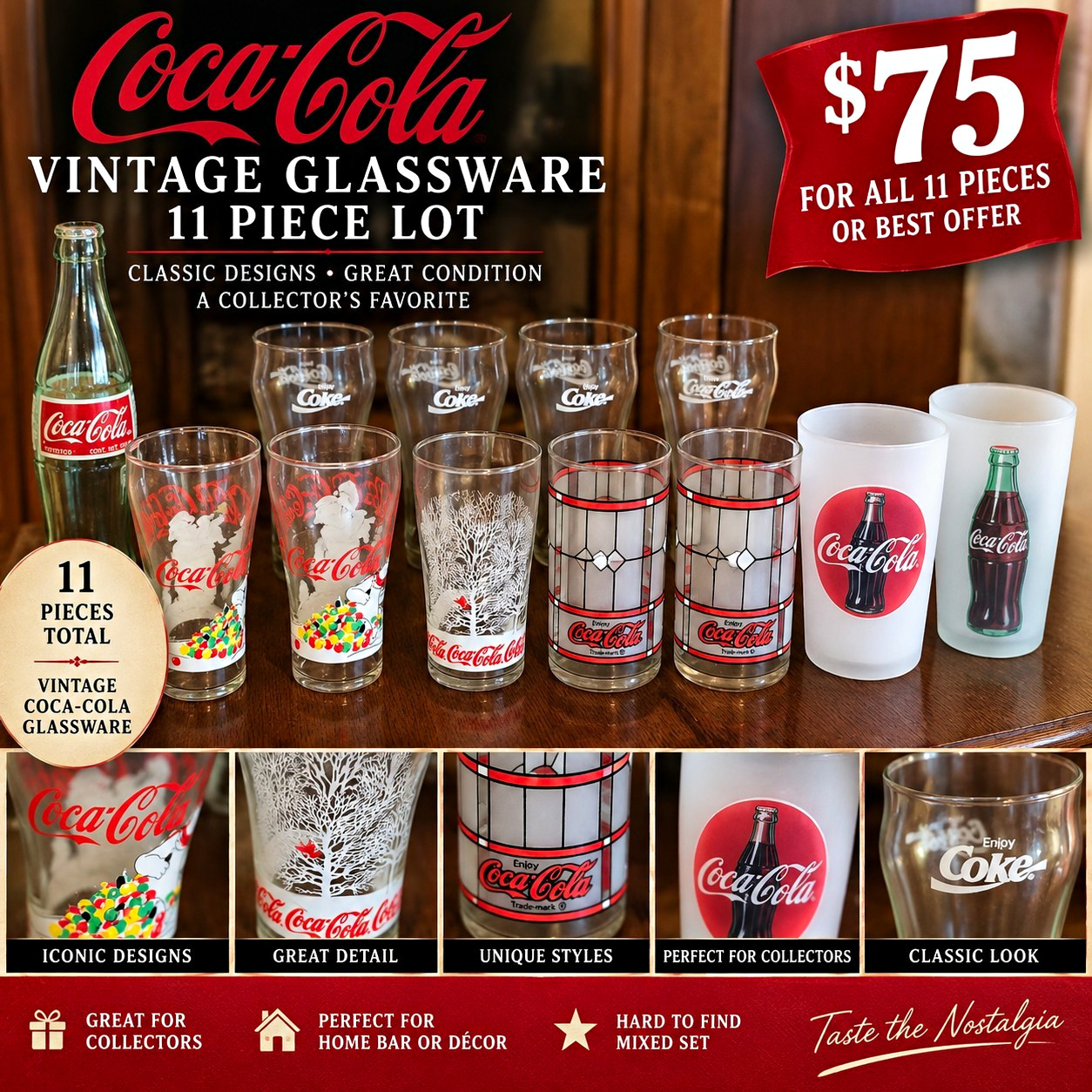 Coca-Cola Vintage Original 11-Piece Glassware Lot Assorted Coke Tumblers