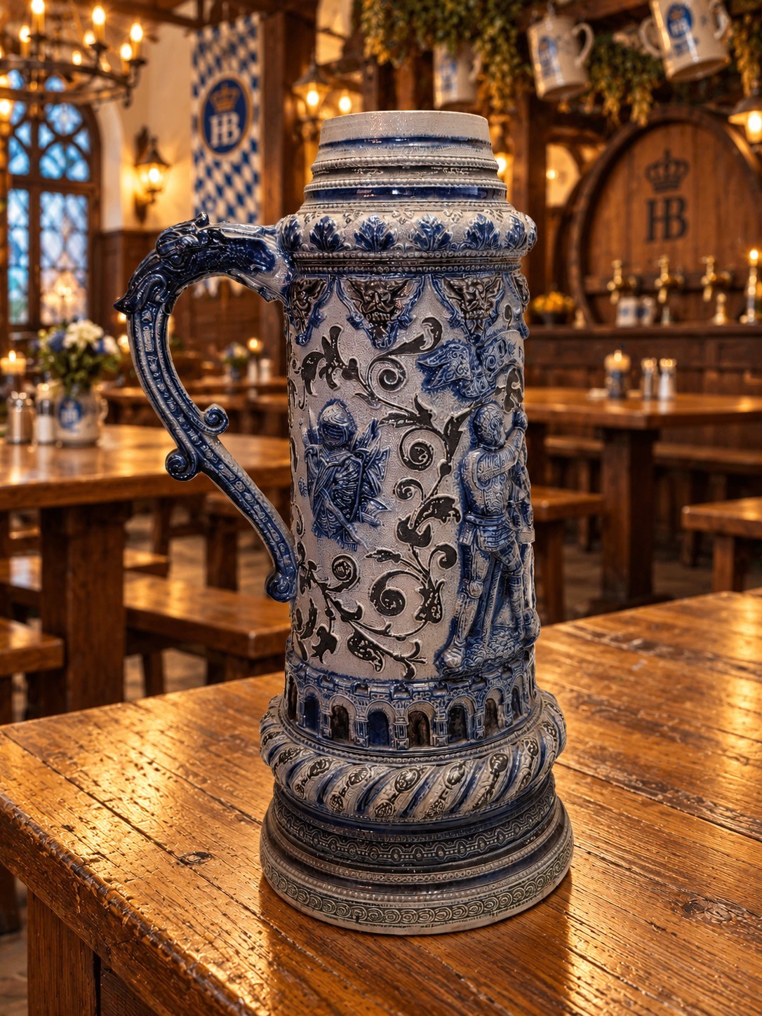 LOOK 1800s Antique Reinhold Hanke Westerwald Beer Stein #570 No Lid 14 1/2