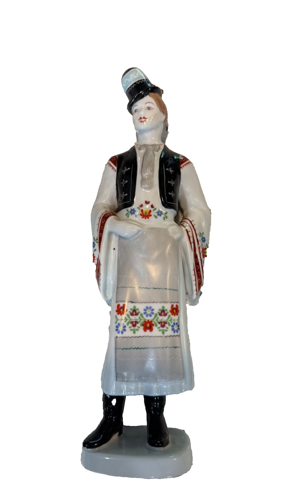 Vintage Hollohaza Hungary Hand Painted Folk Costume Woman Porcelain Figurine 12”