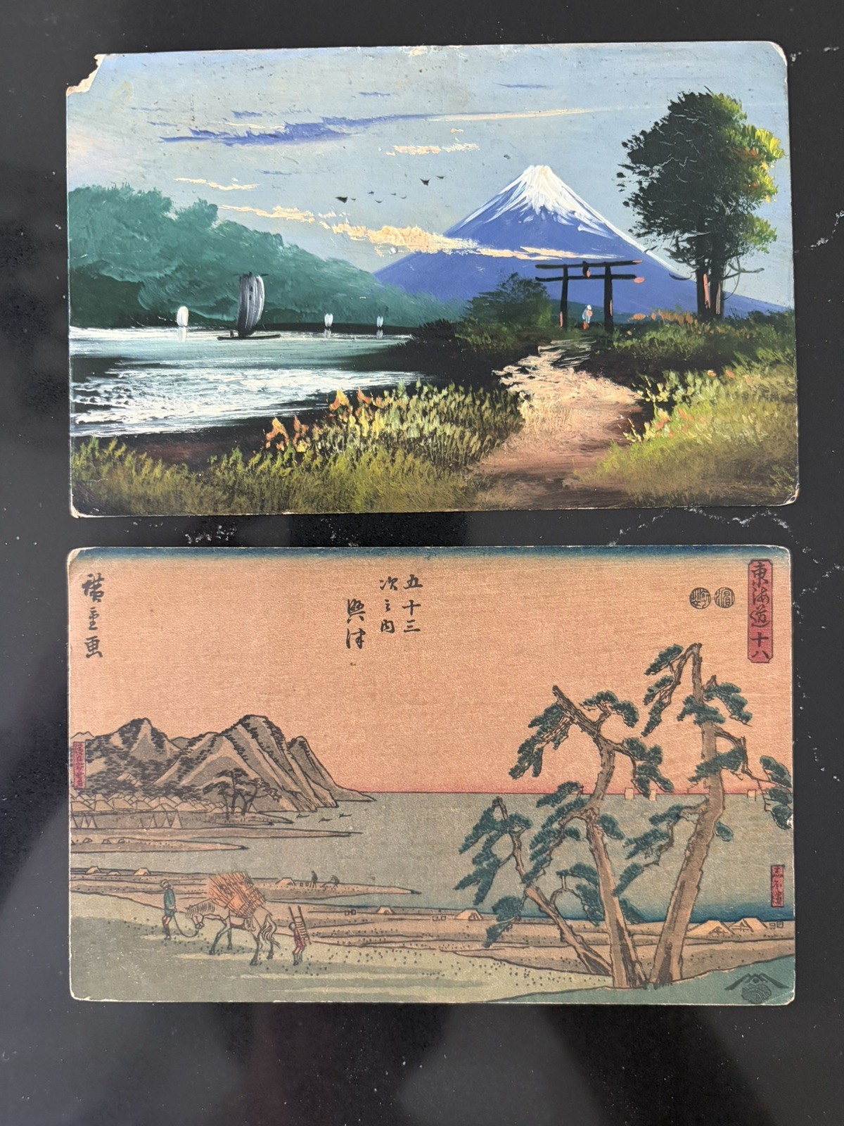 2 Vintage Japan Postcards 1928 1938 Mt Fuji Hand Painted Tokaido Okitsu Ukiyo-e