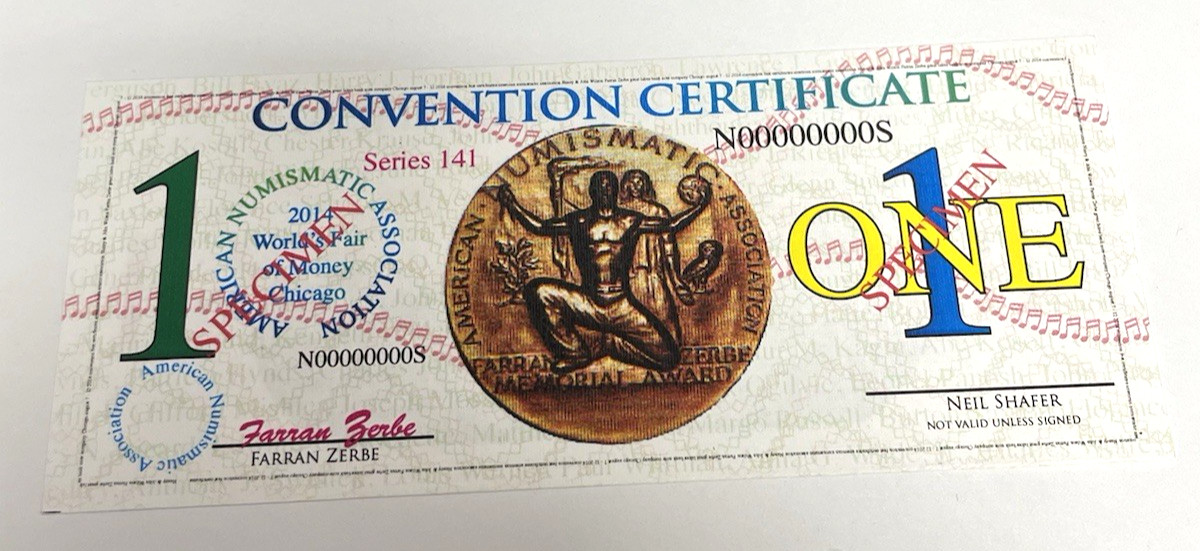 2014 $1 American Numismatic Association Convention Fair in Chicago SPECIMEN NOTE