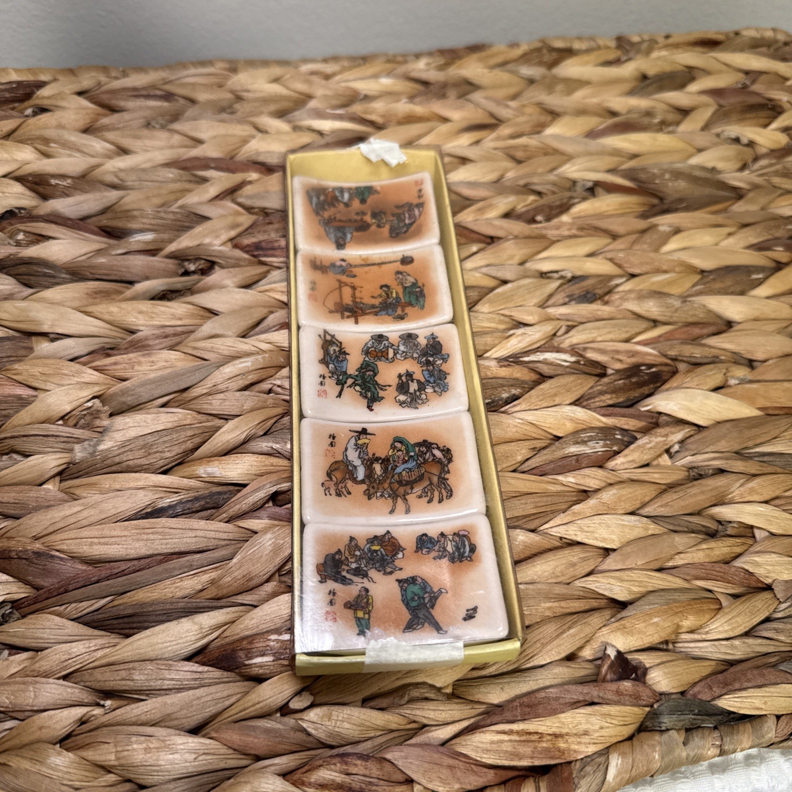 Vtg FONS Korean Ceramic Chopstick Rests Set of 5 Different Folk Art Original Box