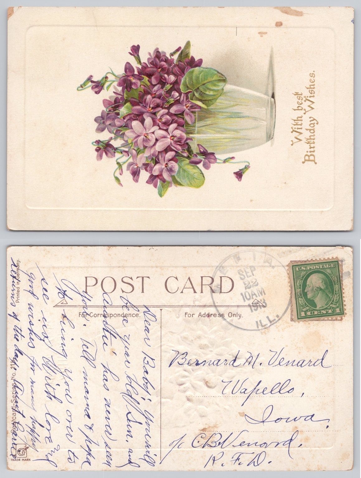 Vintage Violets Birthday Wishes Postcard 1913 Posted Wapello Iowa German