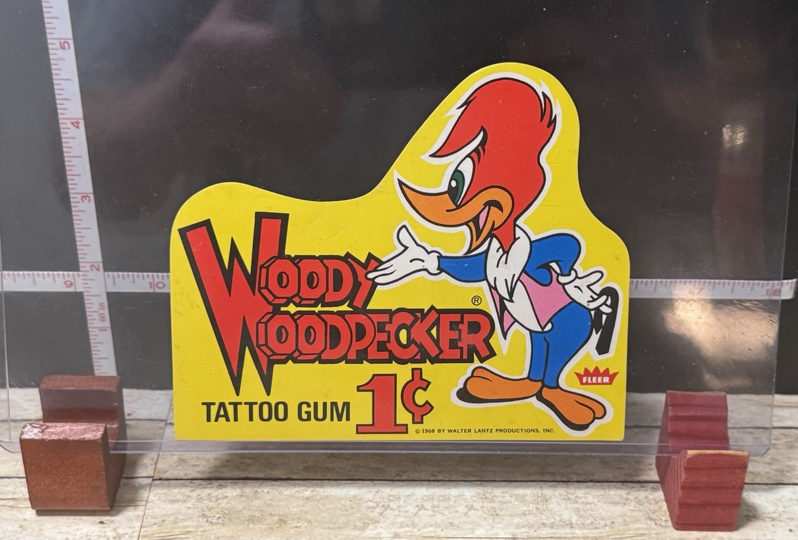 1968 Fleer 1¢ Tattoo Gum Box Topper Woody Woodpecker - Signed by Walter Lantz.