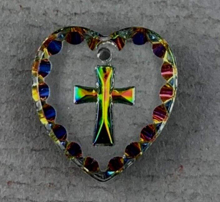 Vintage Rainbow Crystal Christian Cross Heart Engraved Glass Pendant