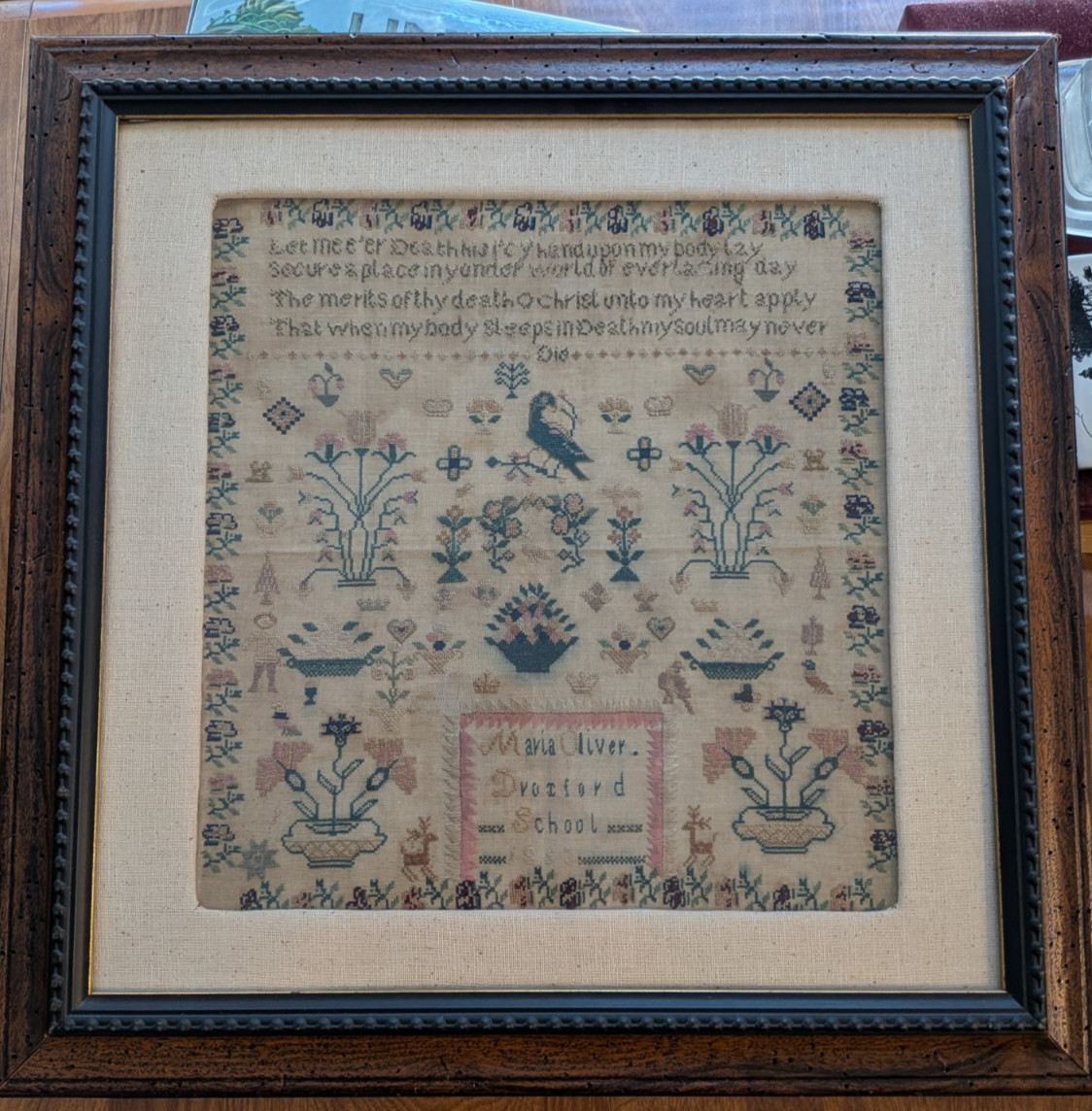 Antique Maria Oliver Droxford School Needlework Sampler 1853 in Wood Frame Antique Maria Oliver Droxford School Needlework Sampler 1853 in Wood Frame