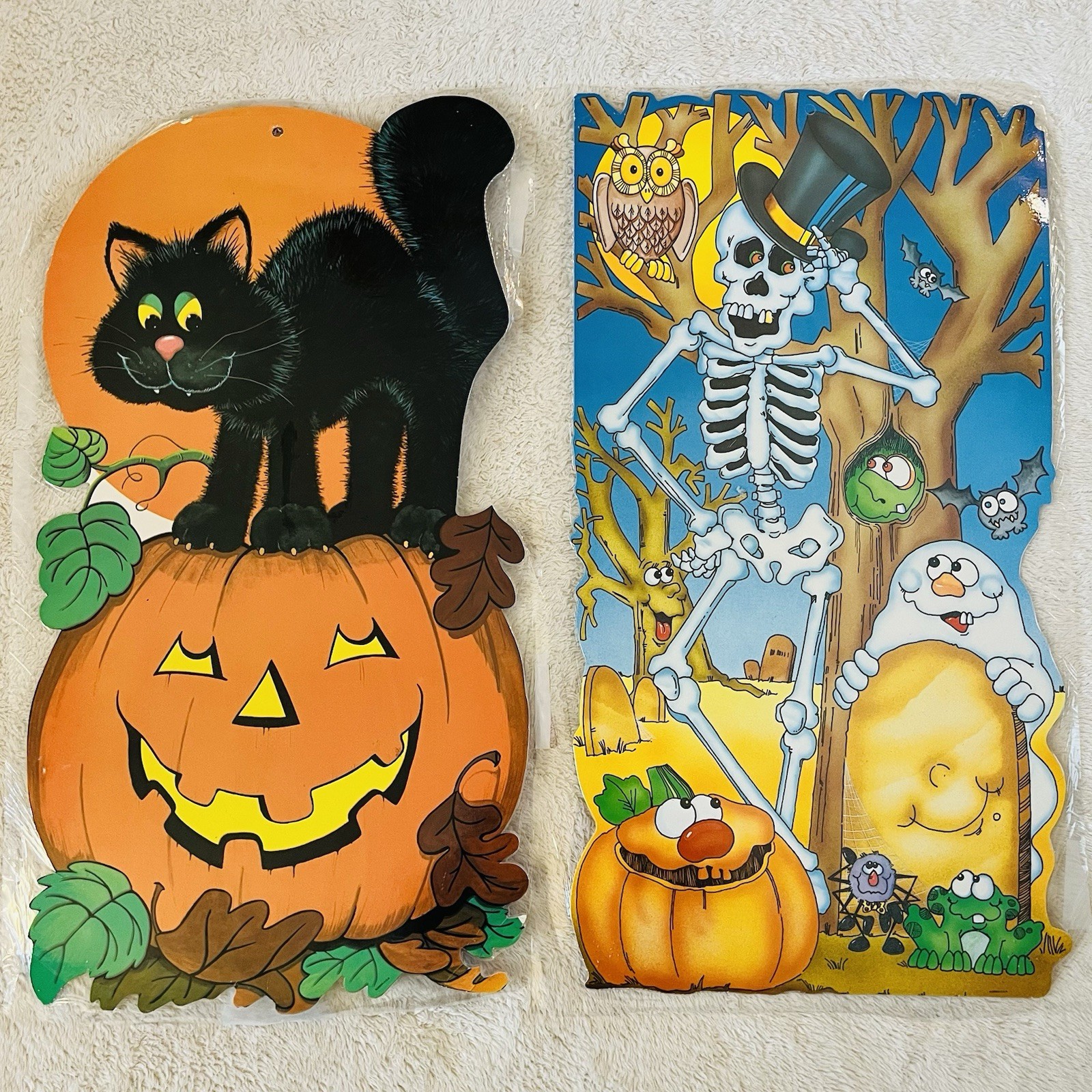 Vintage Eureka Halloween Die Cuts 20” Cat Pumpkin Skeleton Double Side Laminated