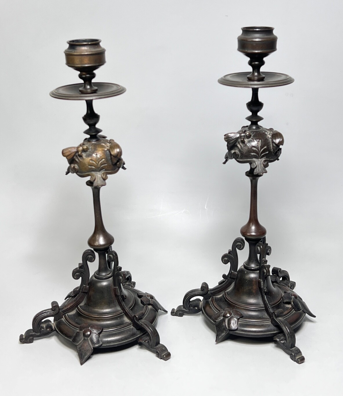 19c.Pair Victorian French Bronze Candlestick Candle Holder Cicada Insect Bugs