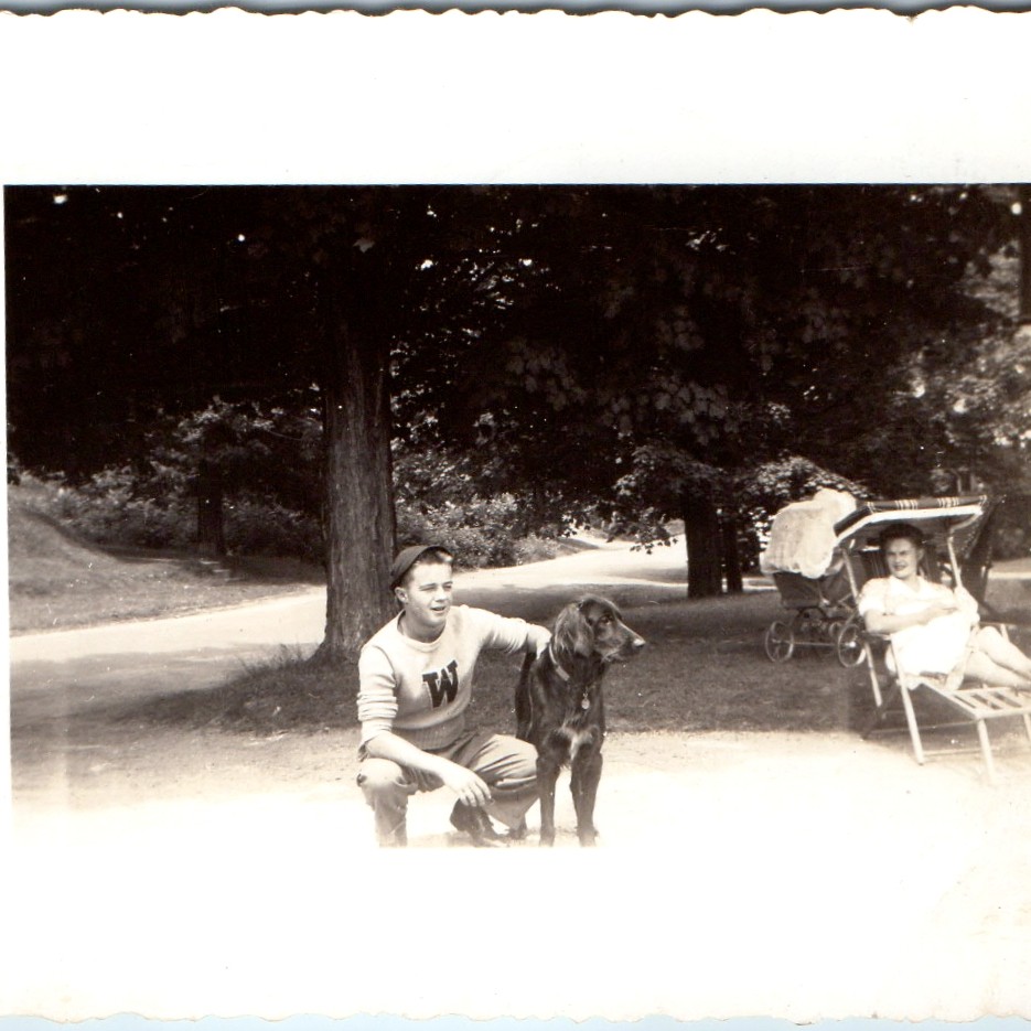 c1940s Boy Letterman W Sweatshirt Flat Coated Retriever Dog Carriage Photo 4 c1940s Boy Letterman W Sweatshirt Flat Coated Retriever Dog Carriage Photo 4