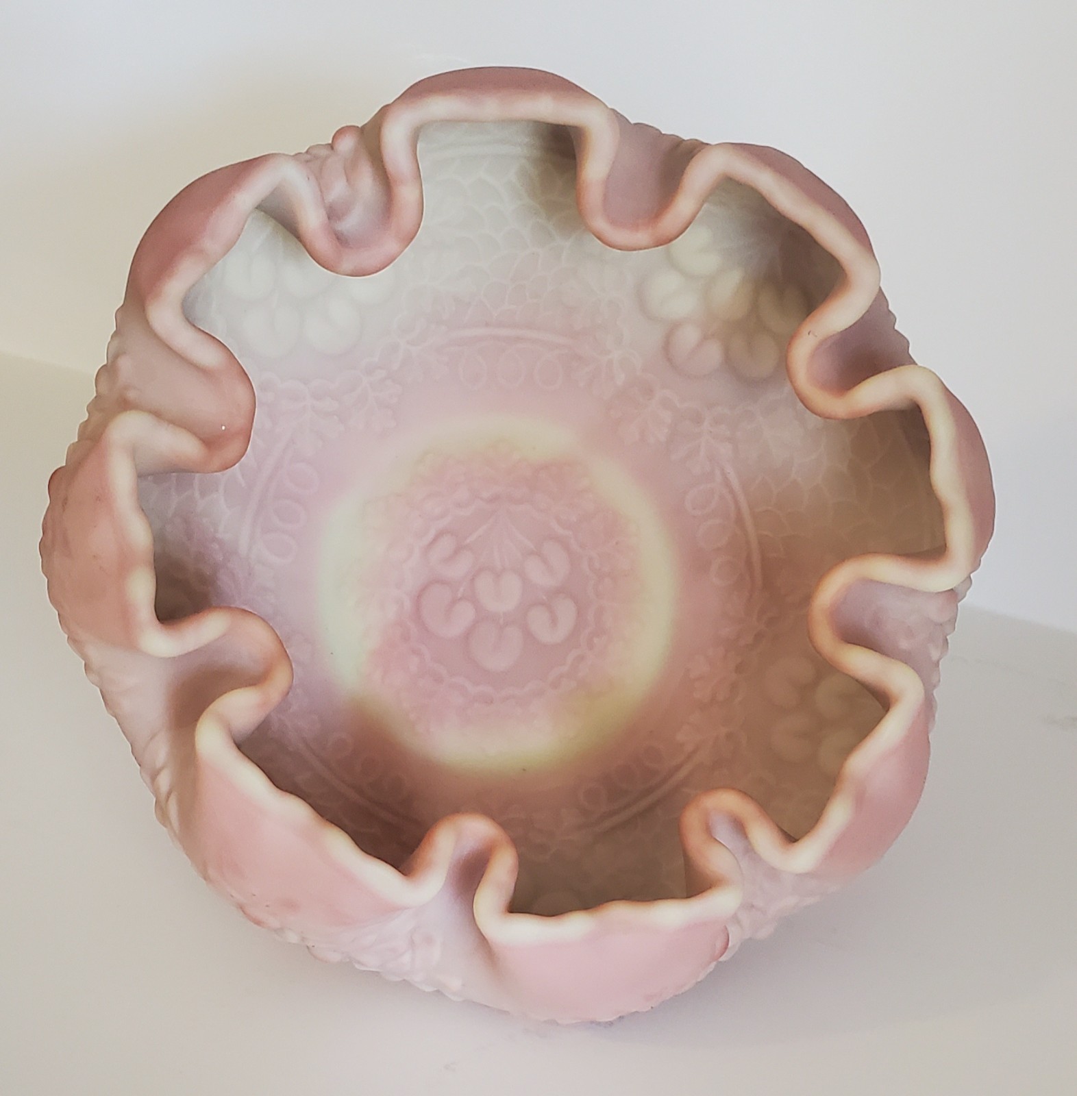 Vintage Fenton Burmese Satin Glass Orange Tree Cherry Train Bowl UV Uranium GLOW